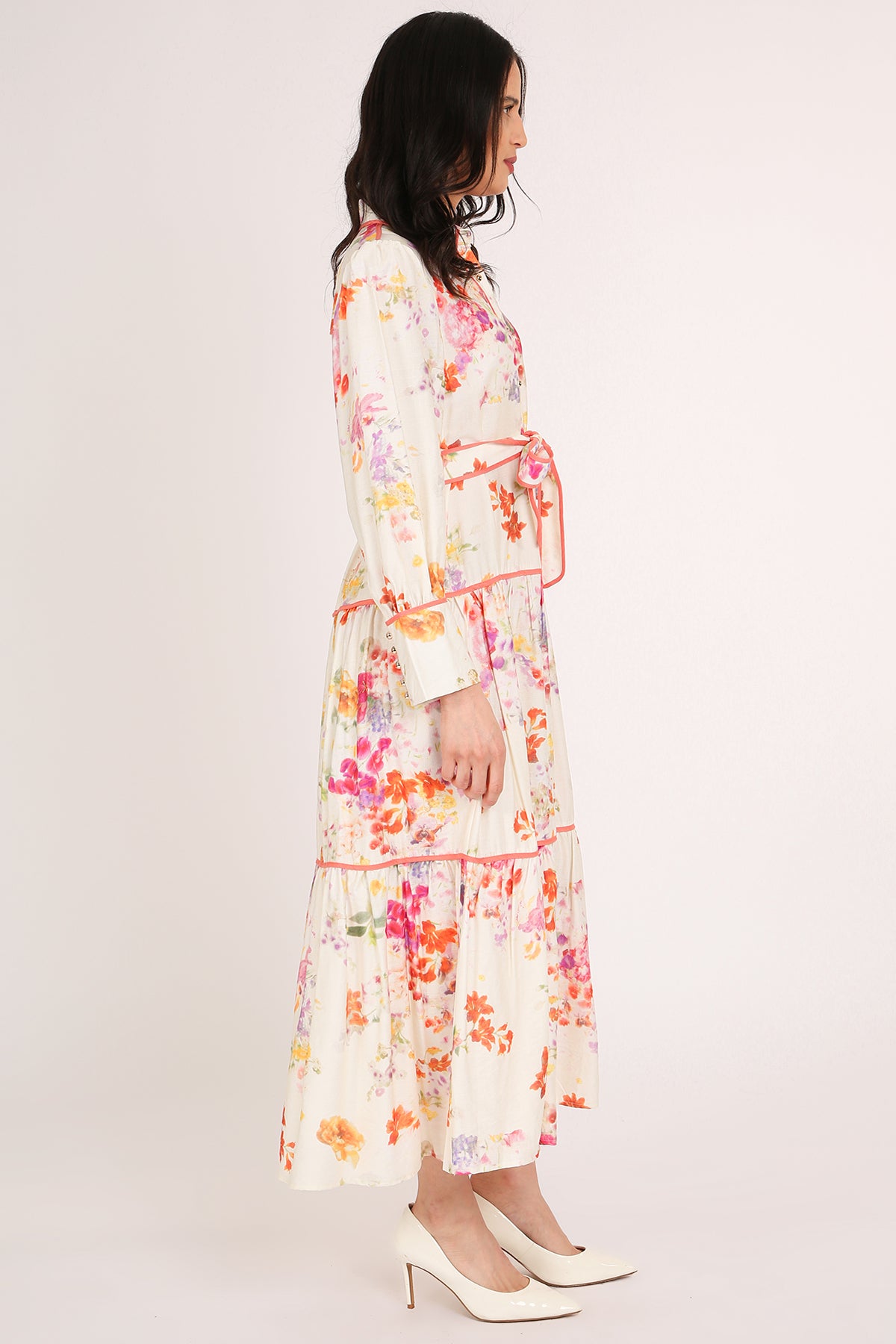 Sophia Painted Floral Print A-Line Tiered Maxi Shirt Dress - Shop Beulah Style