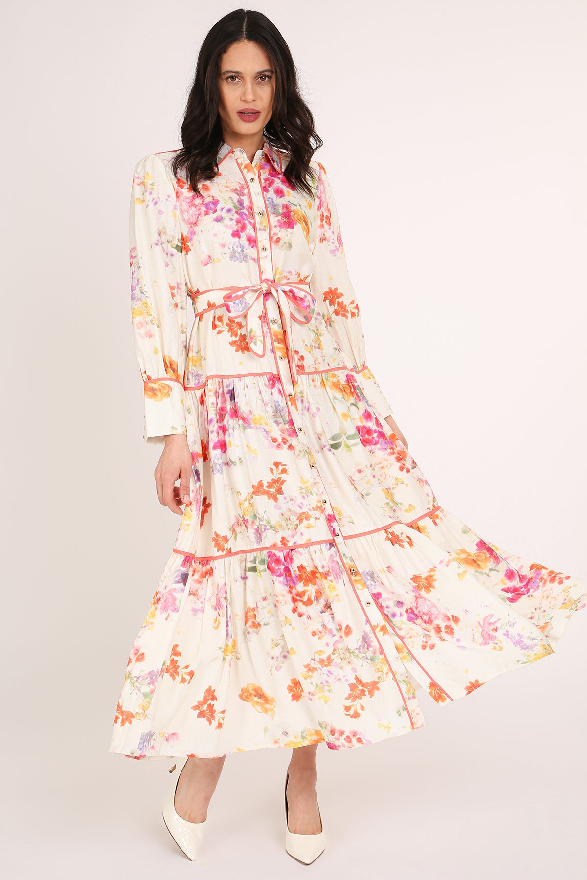 Sophia Painted Floral Print A-Line Tiered Maxi Shirt Dress - Shop Beulah Style