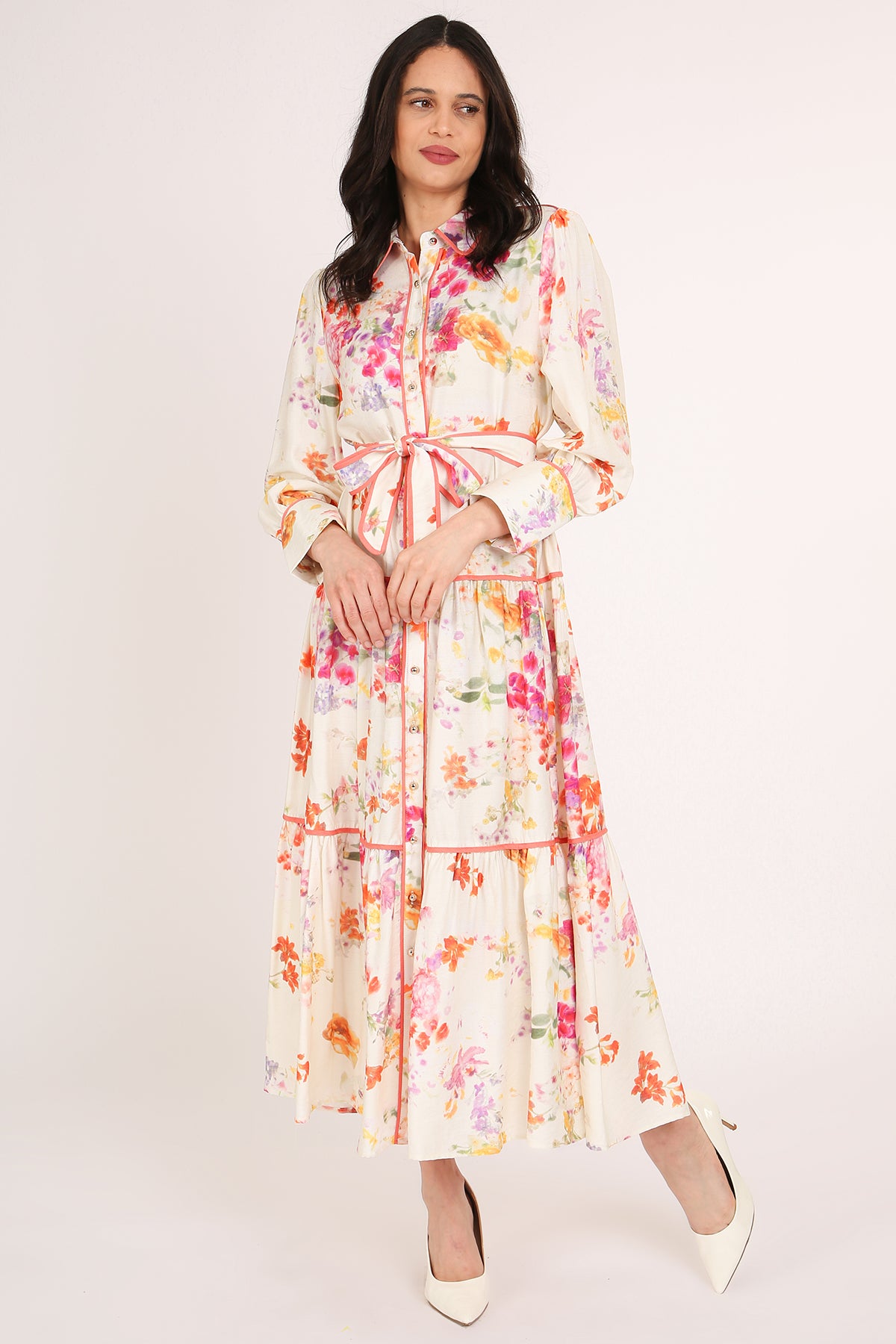 Sophia Painted Floral Print A-Line Tiered Maxi Shirt Dress - Shop Beulah Style