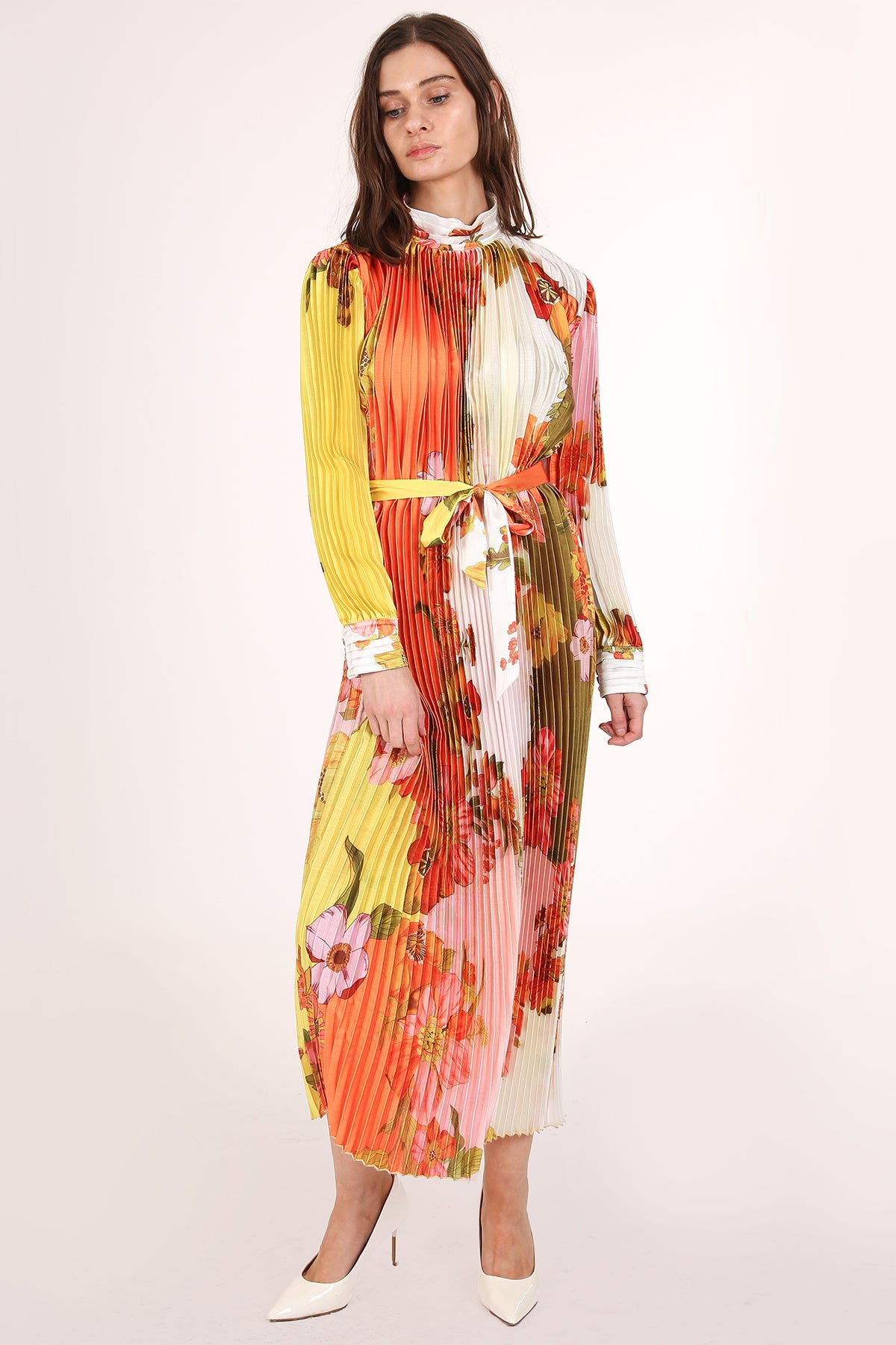 Aria Colorblock Multi-floral Print Pleated Midi Dress - Shop Beulah Style