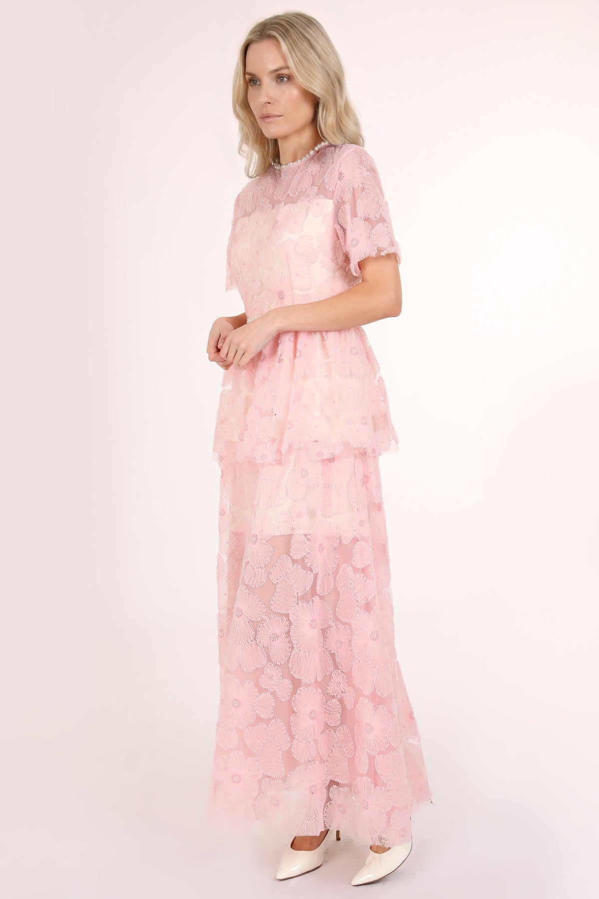 Micah Embellished Trim Floral Tulle Tiered Mesh Maxi Dress - Shop Beulah Style