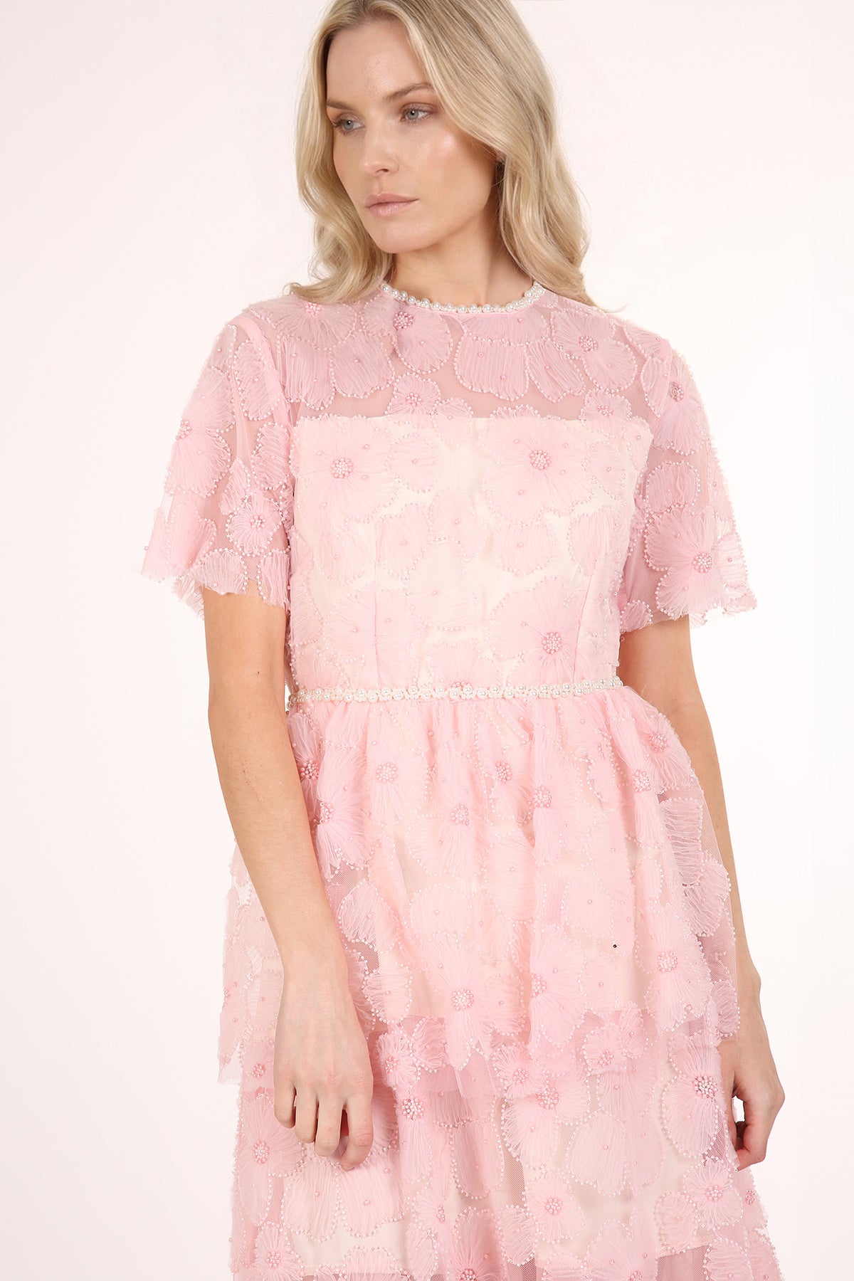 Micah Embellished Trim Floral Tulle Tiered Mesh Maxi Dress - Shop Beulah Style
