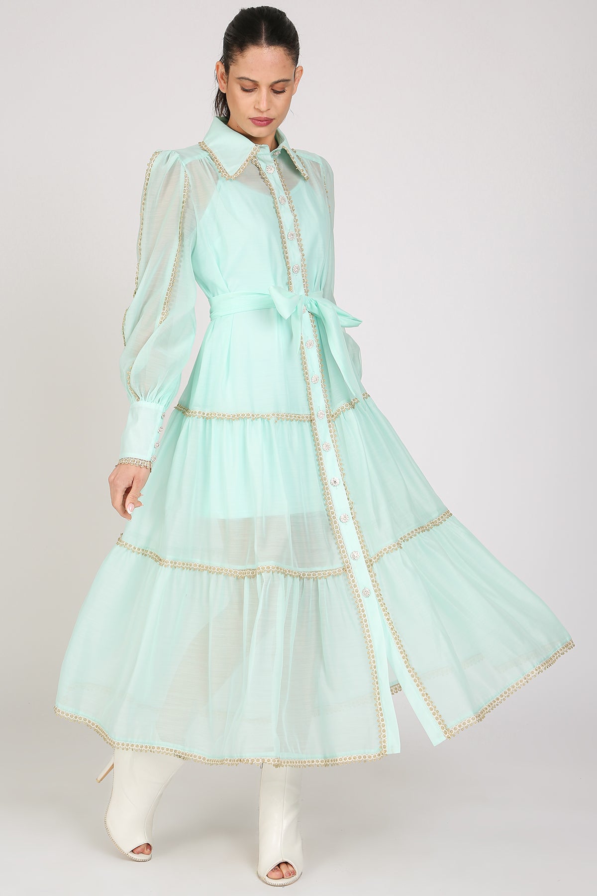 Glinda Lace Trim Details Tiered Sheer Maxi Dress - Shop Beulah Style