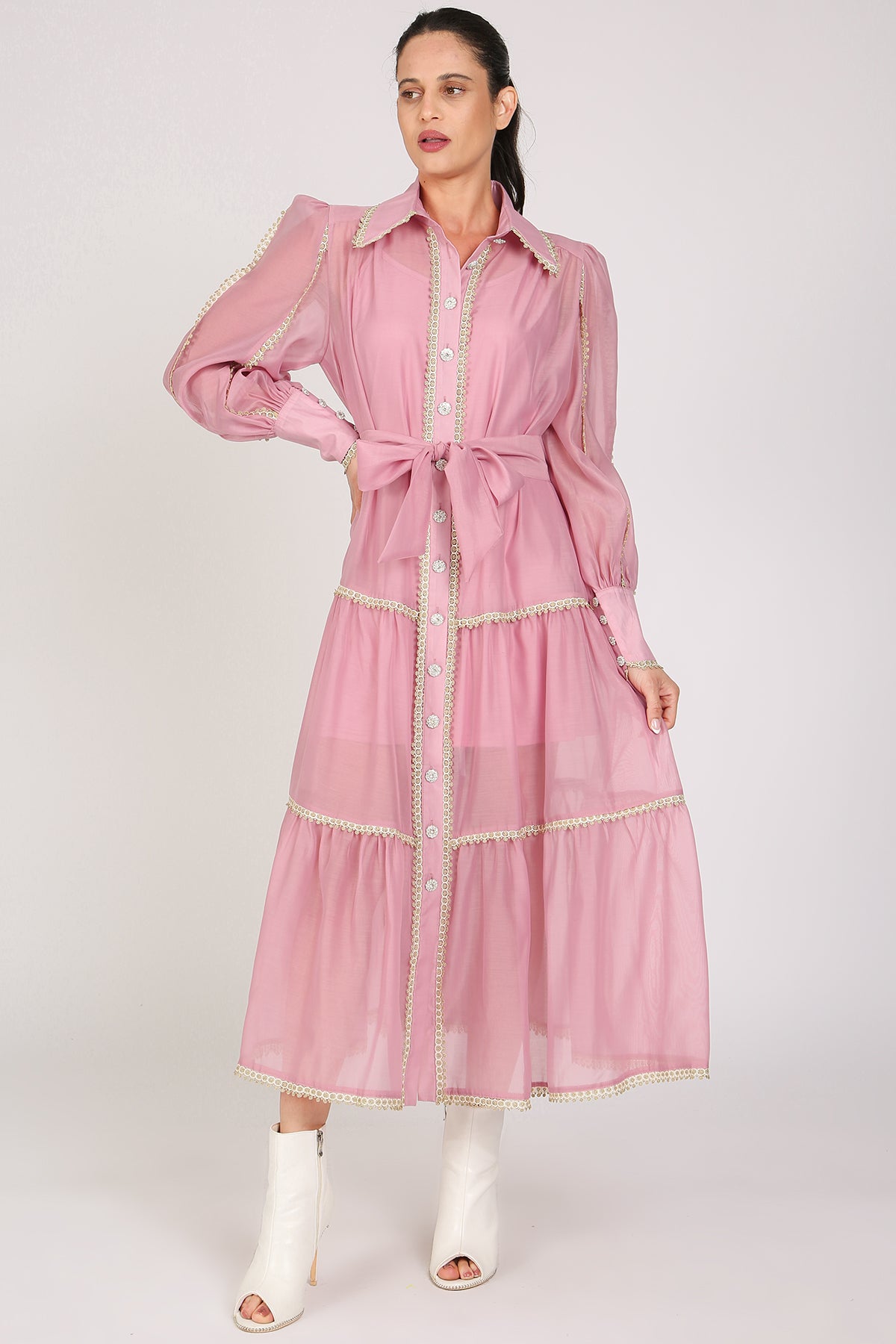 Glinda Lace Trim Details Tiered Sheer Maxi Dress - Shop Beulah Style