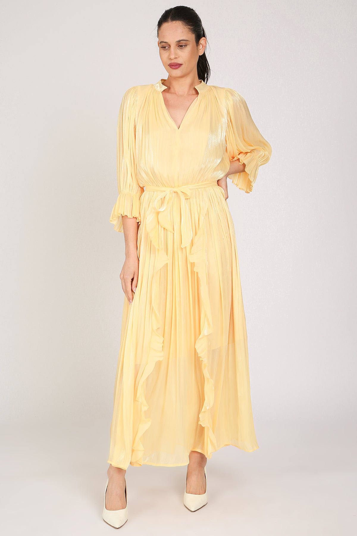 Ethan Glossy Pleated Satin V-Neck Ruffled Detail Maxi Dress - Shop Beulah Style