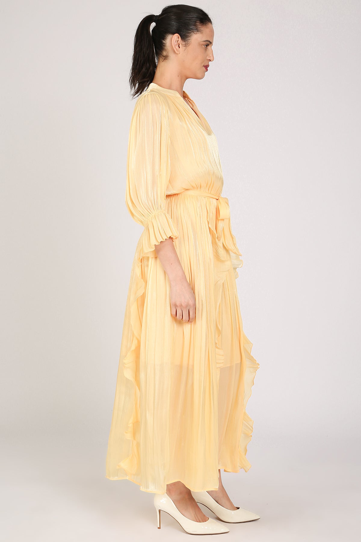 Ethan Glossy Pleated Satin V-Neck Ruffled Detail Maxi Dress - Shop Beulah Style