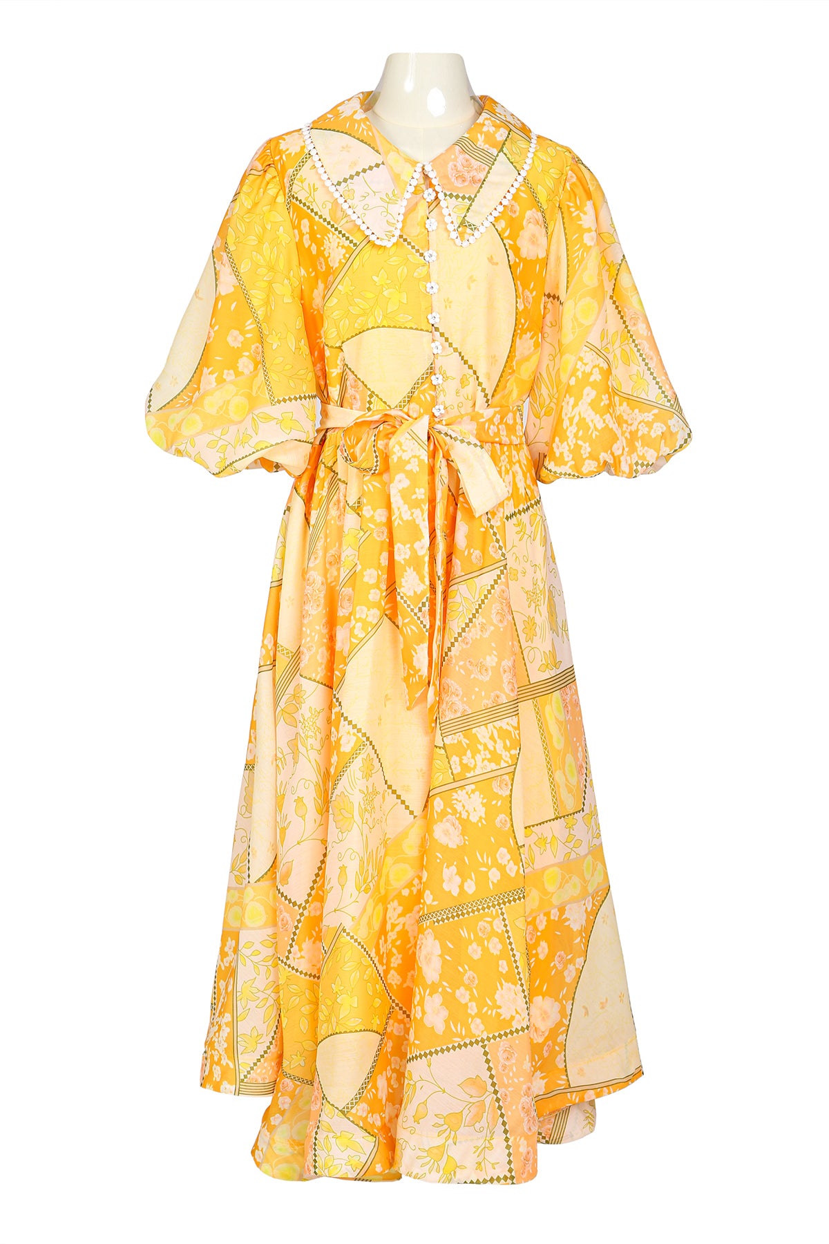 Robert Floral Patchwork Lace Trim Belted Maxi Button Up Dress