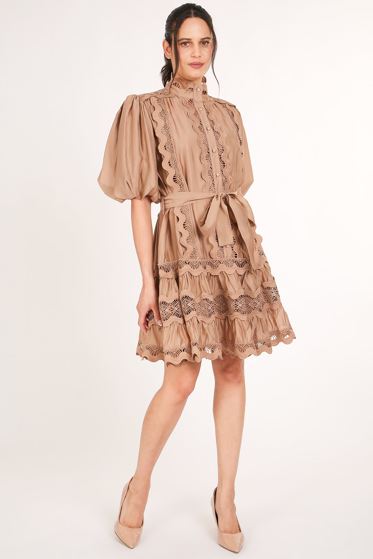 Rebecca Scallop Lace Trim Detail Ruffled A-Line Mini Dress - Shop Beulah Style
