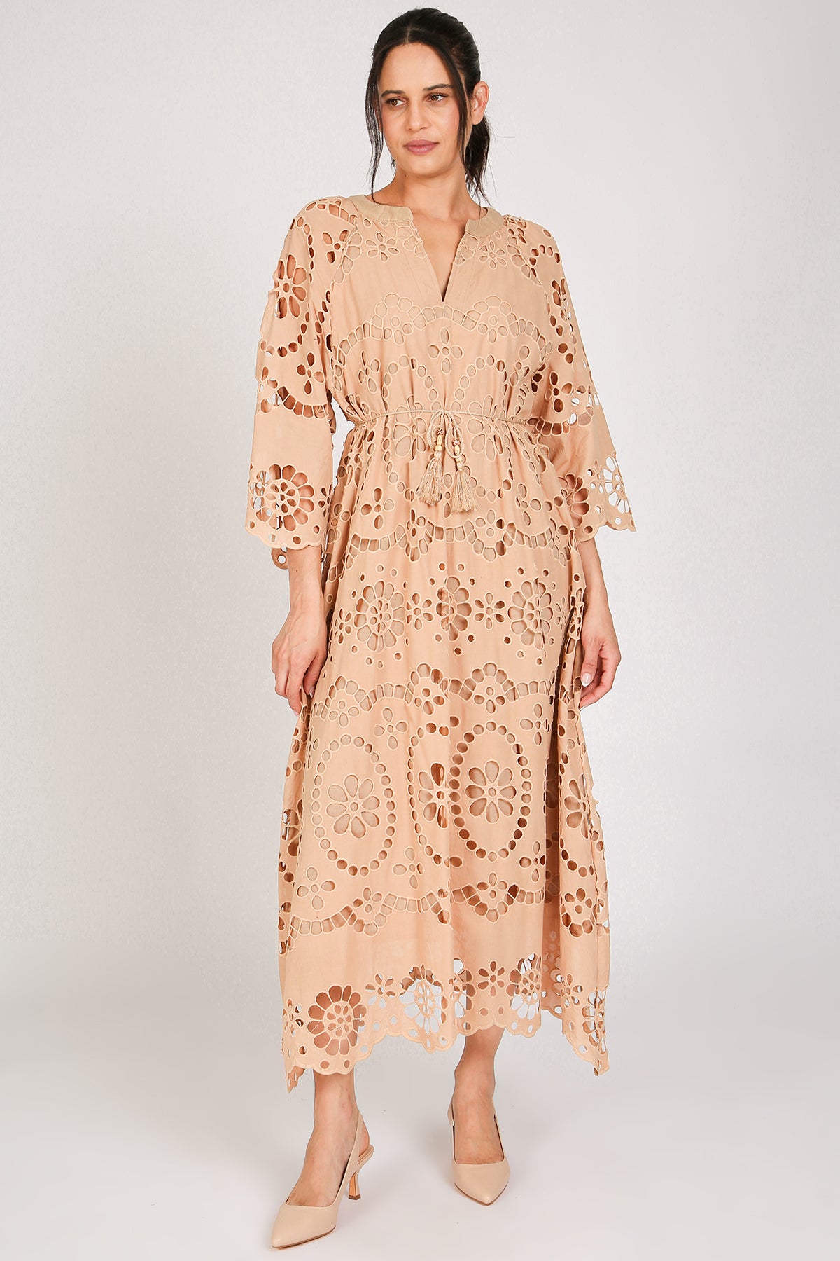 Molly Floral Eyelet V-Neck Belted Maxi Shift Dress - Shop Beulah Style