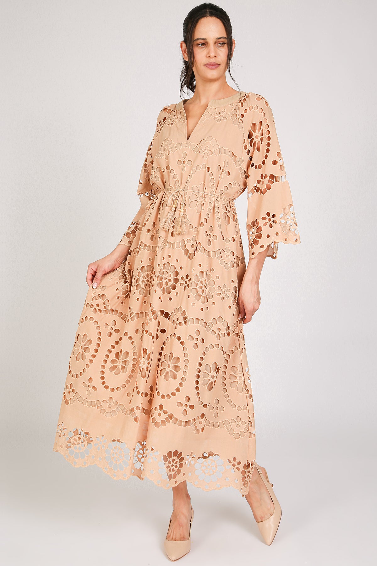 Molly Floral Eyelet V-Neck Belted Maxi Shift Dress - Shop Beulah Style