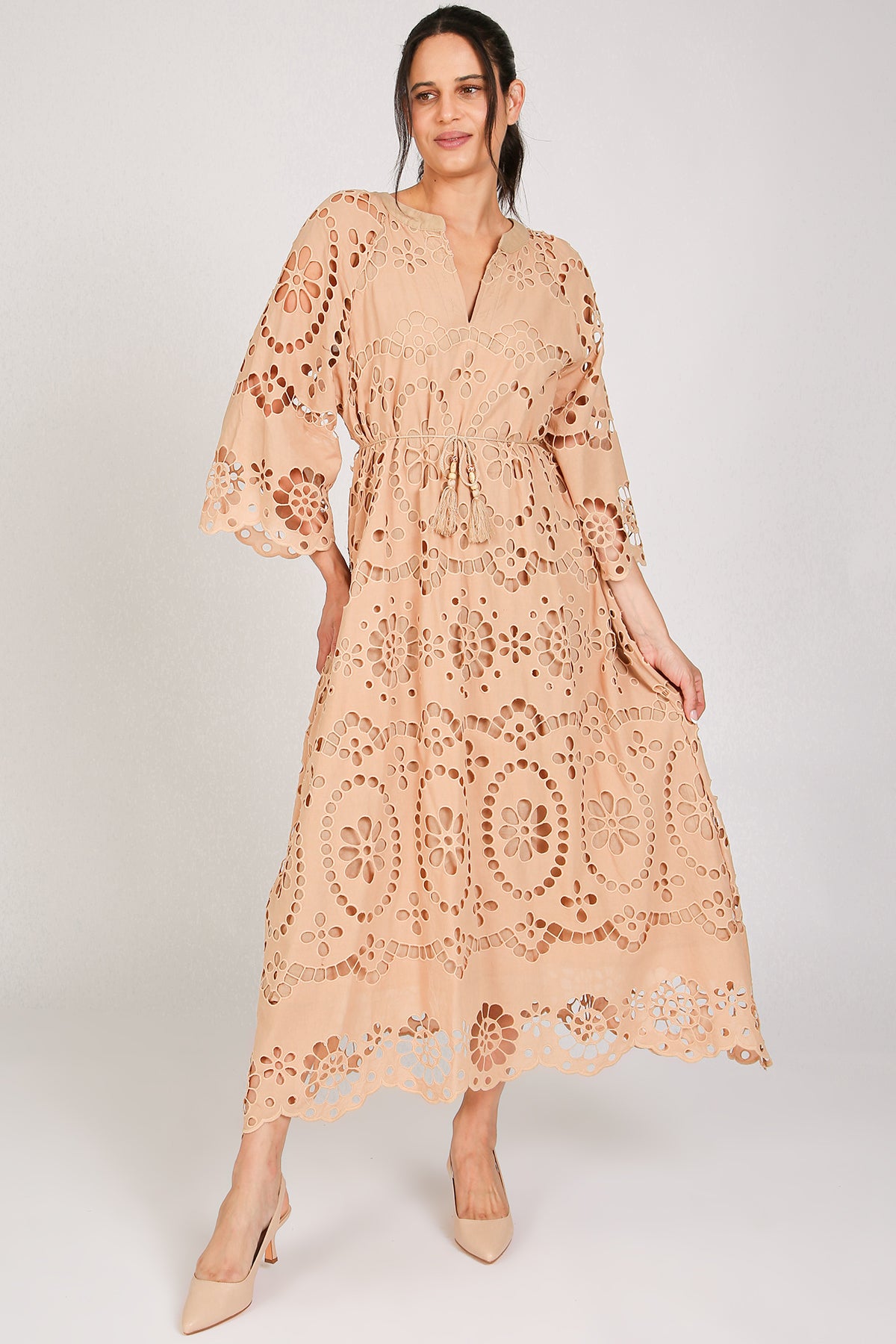 Molly Floral Eyelet V-Neck Belted Maxi Shift Dress - Shop Beulah Style