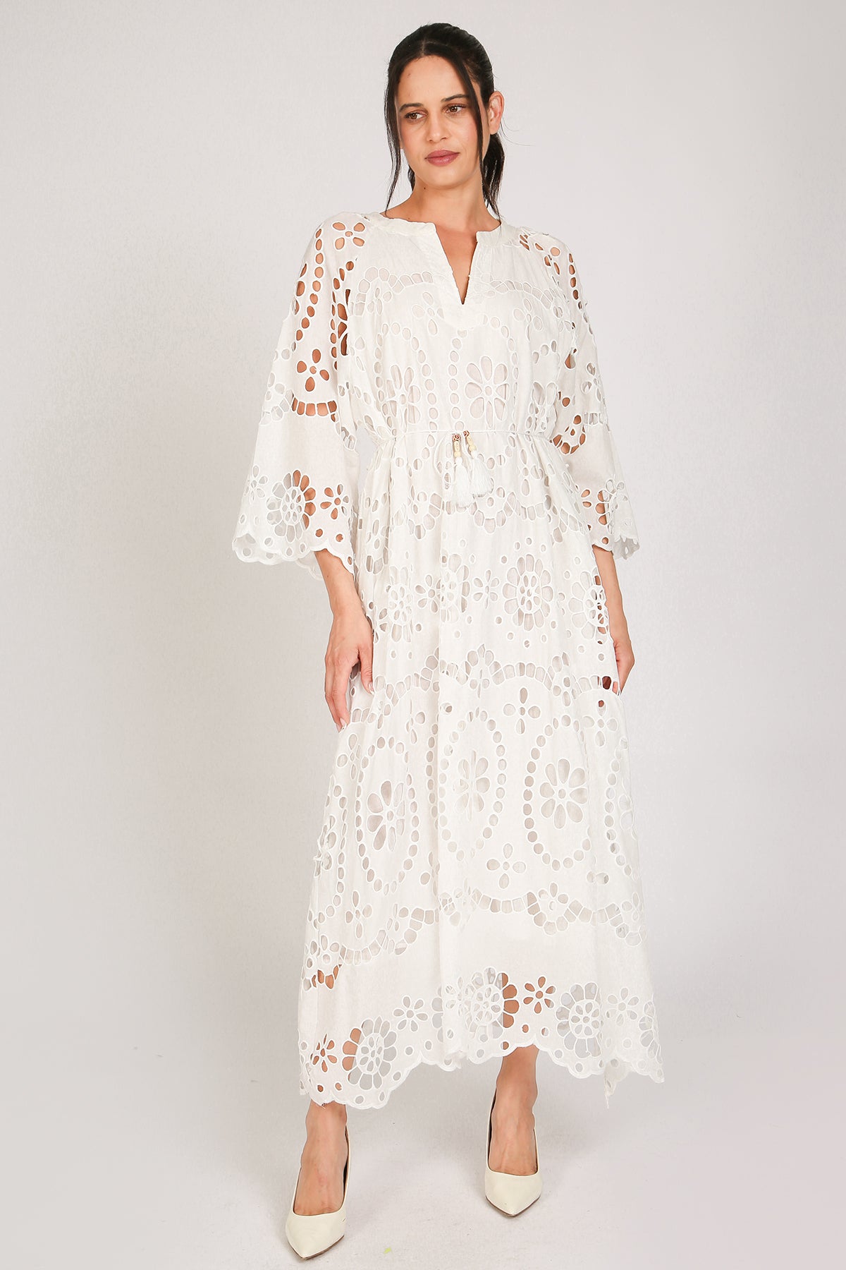 Molly Floral Eyelet V-Neck Belted Maxi Shift Dress - Shop Beulah Style