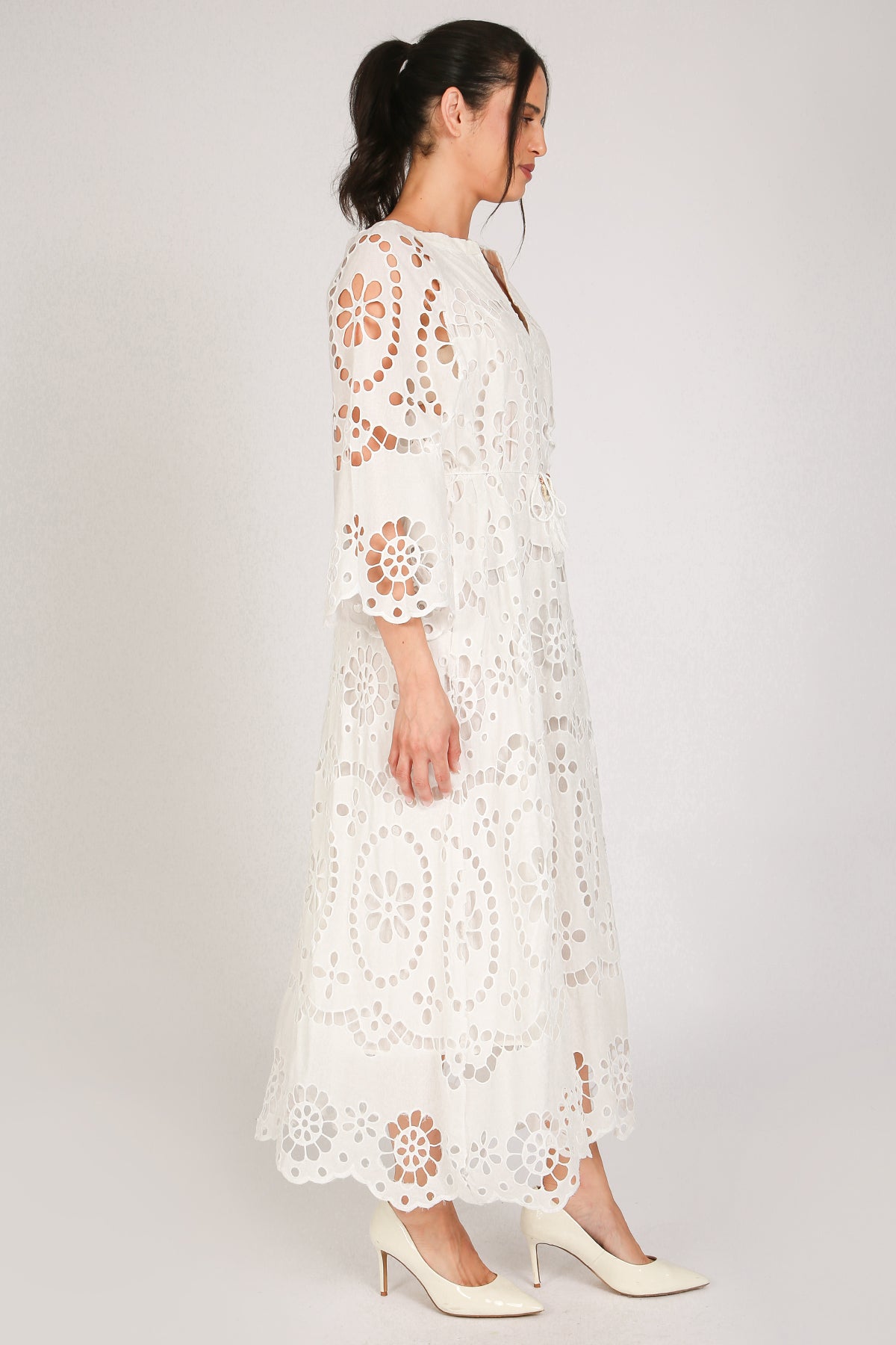 Molly Floral Eyelet V-Neck Belted Maxi Shift Dress - Shop Beulah Style