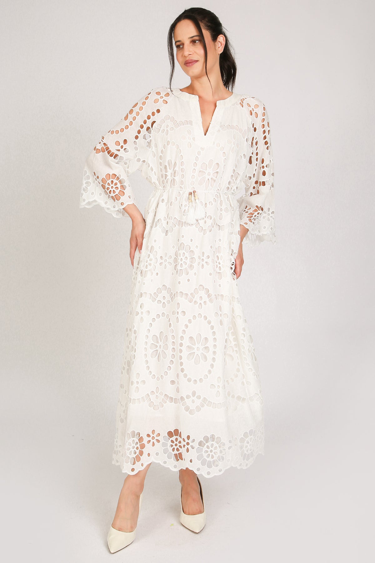 Molly Floral Eyelet V-Neck Belted Maxi Shift Dress - Shop Beulah Style