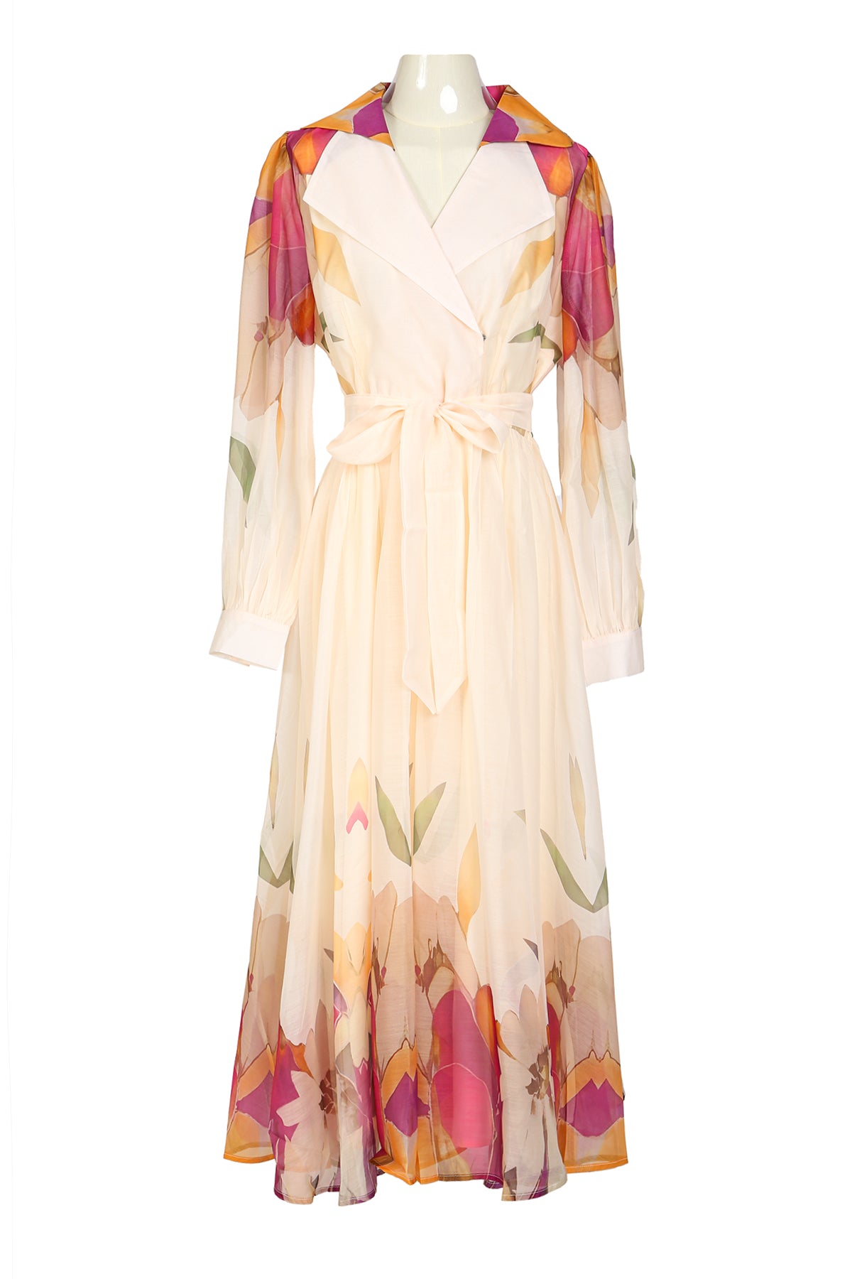 Benjamin Floral Print Lapel Collared Sheer Maxi Dress