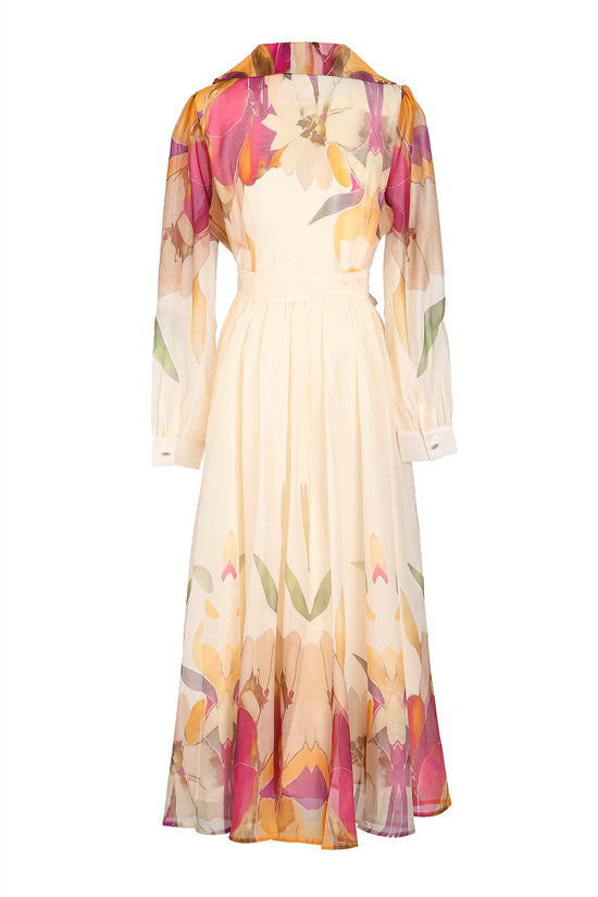 Benjamin Floral Print Lapel Collared Sheer Maxi Dress
