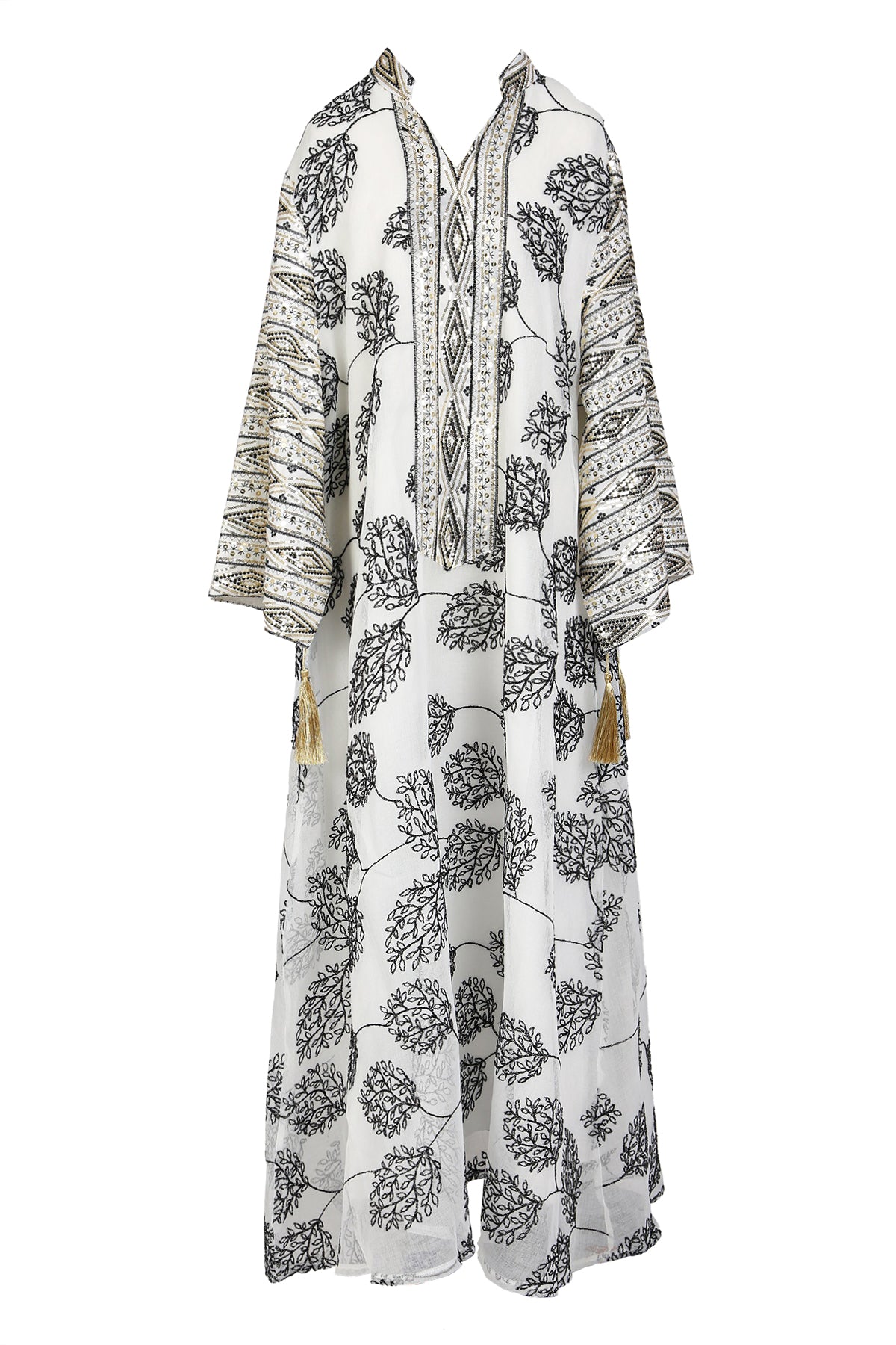 Willow Jacquard Sequined V-Neck Tasseled Maxi Tunic Dress - Shop Beulah Style