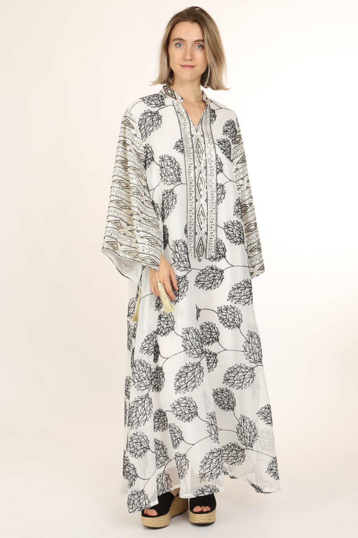 Willow Jacquard Sequined V-Neck Tasseled Maxi Tunic Dress