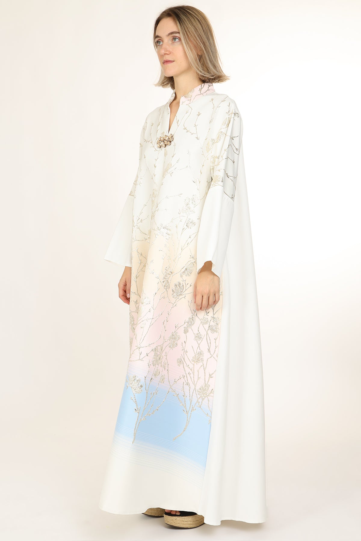 Indigo Colorblock Gradation Embroidered Maxi Tunic Dress