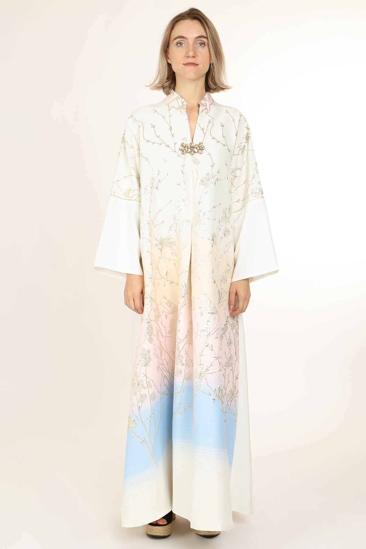 Indigo Colorblock Gradation Embroidered Maxi Tunic Dress