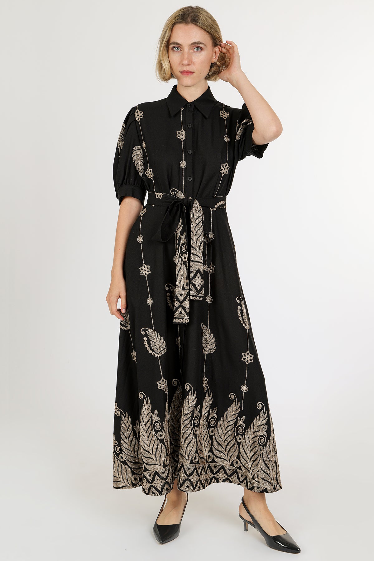 Wendy Contrast Jacquard Embroidered Maxi Shirt Dress - Shop Beulah Style