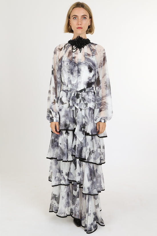 Riley Embellished Abstract Print Sheer Tiered Maxi Dress - Shop Beulah Style