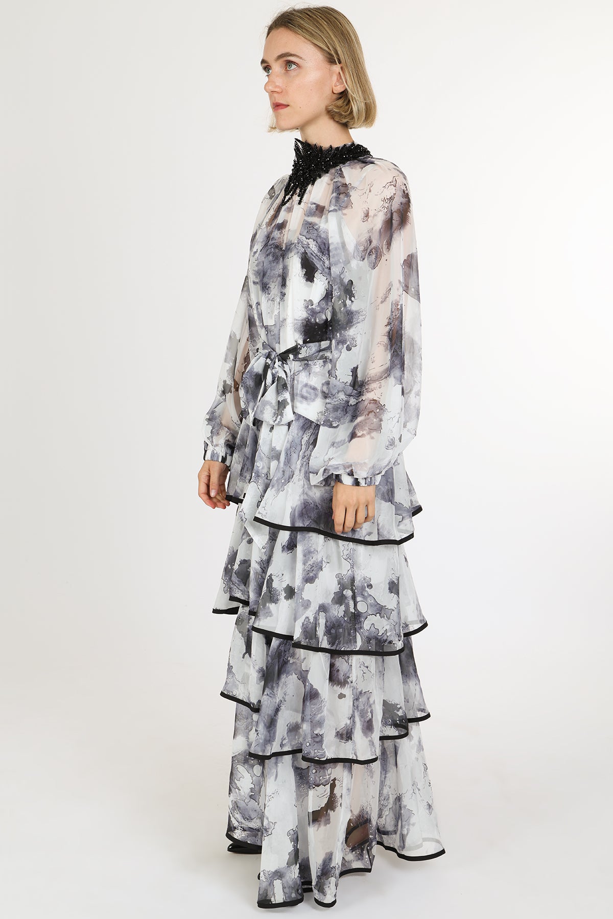 Riley Embellished Abstract Print Sheer Tiered Maxi Dress - Shop Beulah Style