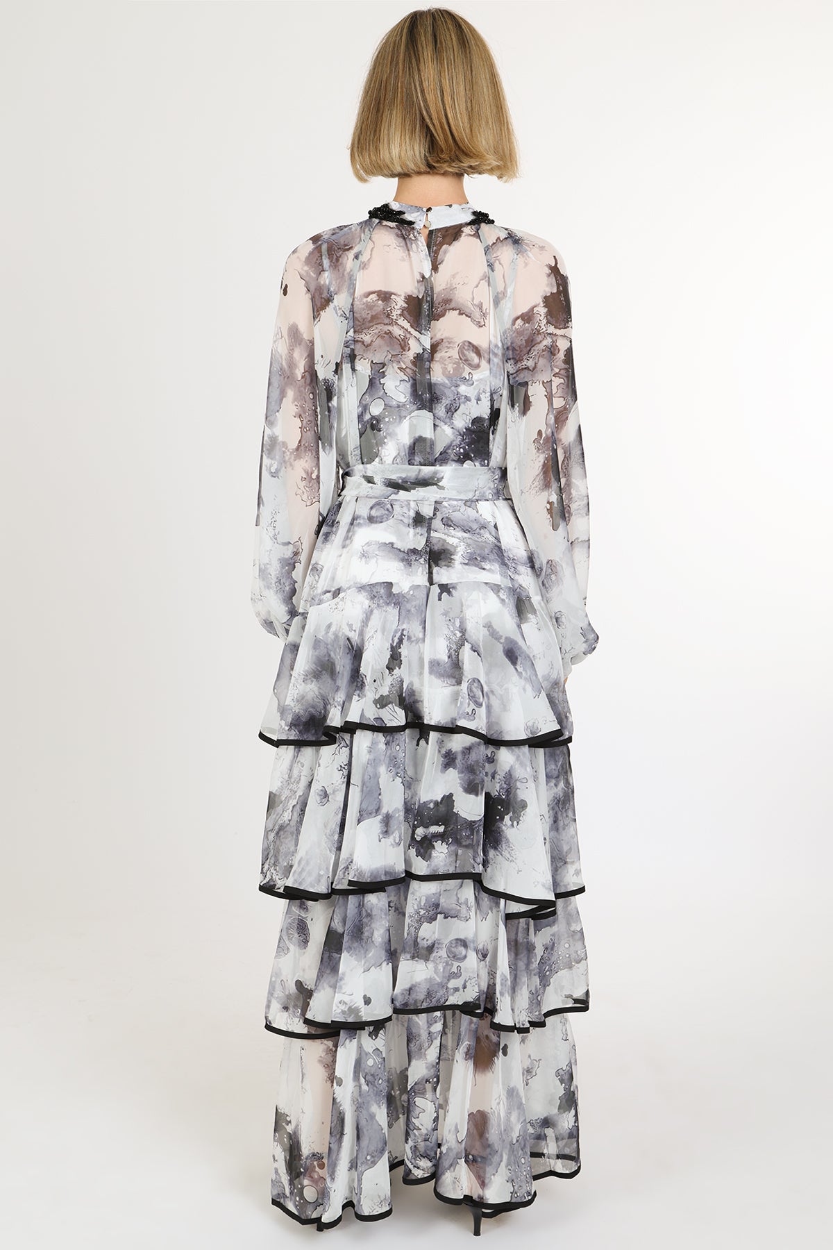 Riley Embellished Abstract Print Sheer Tiered Maxi Dress - Shop Beulah Style