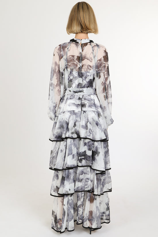 Riley Embellished Abstract Print Sheer Tiered Maxi Dress - Shop Beulah Style