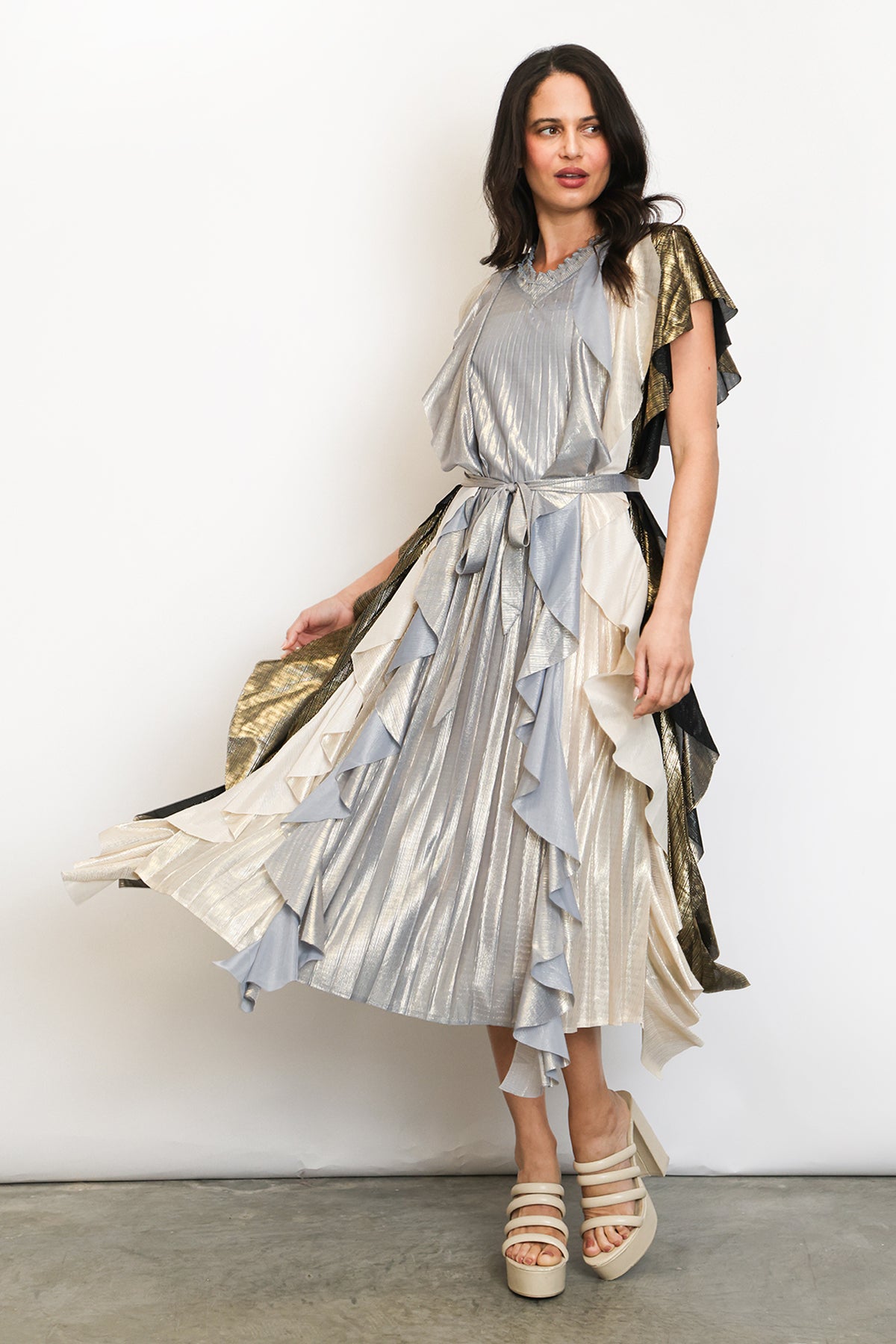 Lucas Multicolor Glossy Ruffled Detail Pleats Midi Dress