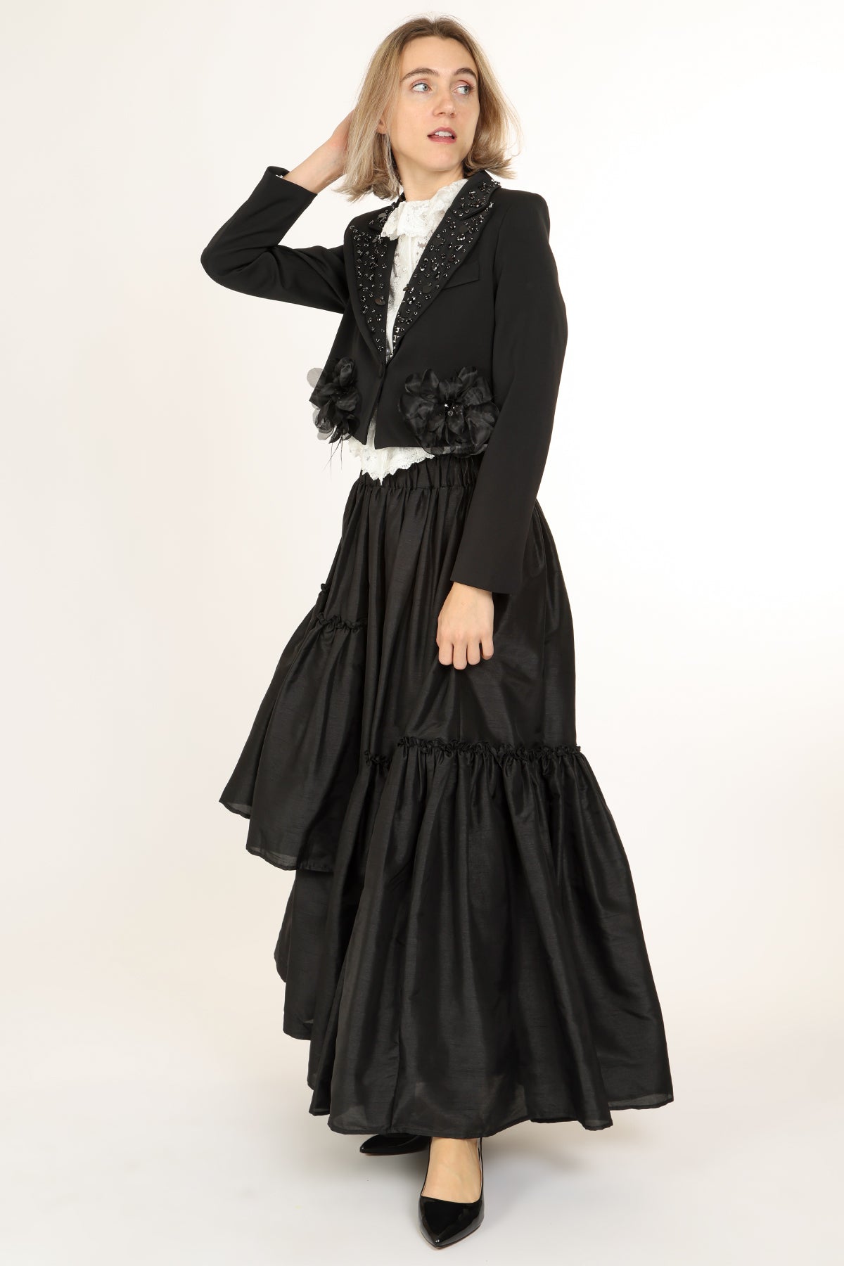 Micah Embellished Floral Tulle Applique Cropped Blazer