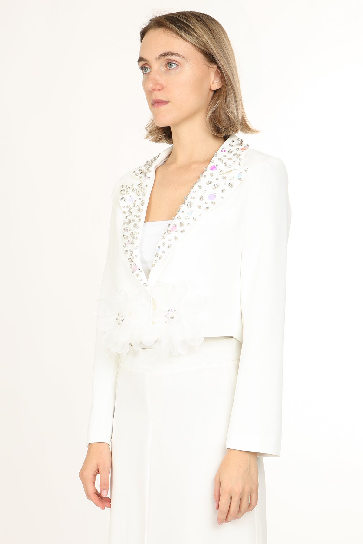 Micah Embellished Floral Tulle Applique Cropped Blazer