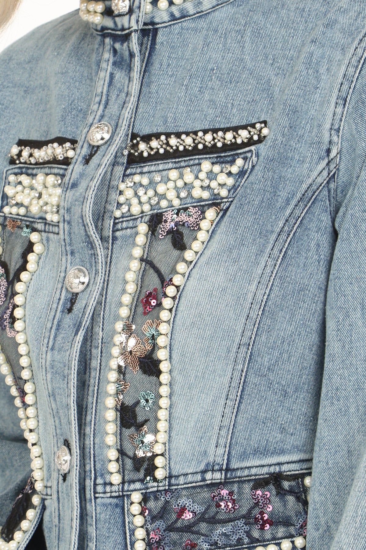 Dominique Multi-Embellished Mid Wash Denim Jacket