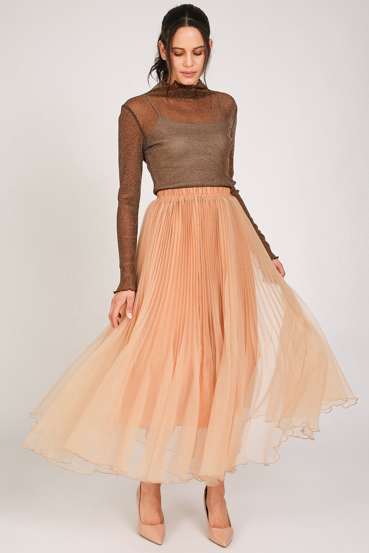 Clarice A-Line Pleated High-Waist Organza Maxi Skirt