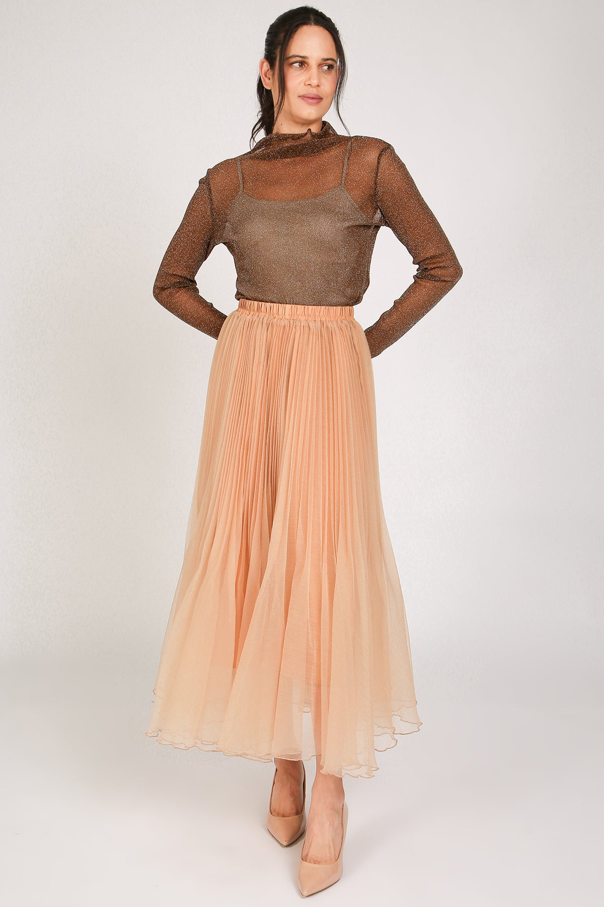 Clarice A-Line Pleated High-Waist Organza Maxi Skirt