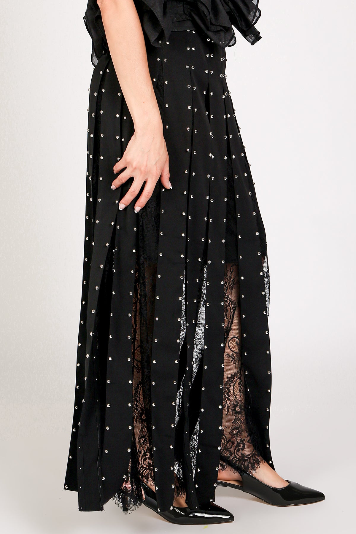 Monica Floral Embroidered Mesh Studded Tassel Maxi Skirt