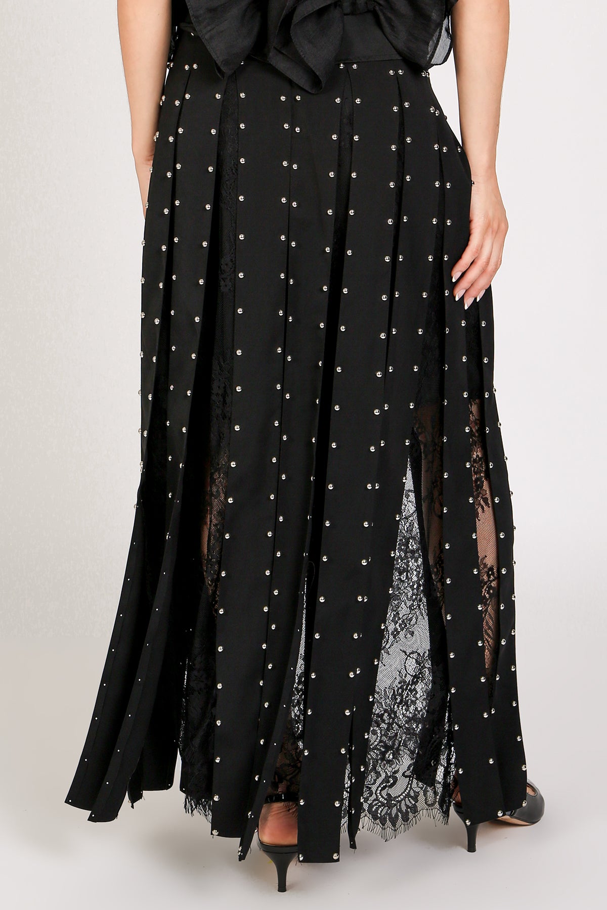 Monica Floral Embroidered Mesh Studded Tassel Maxi Skirt