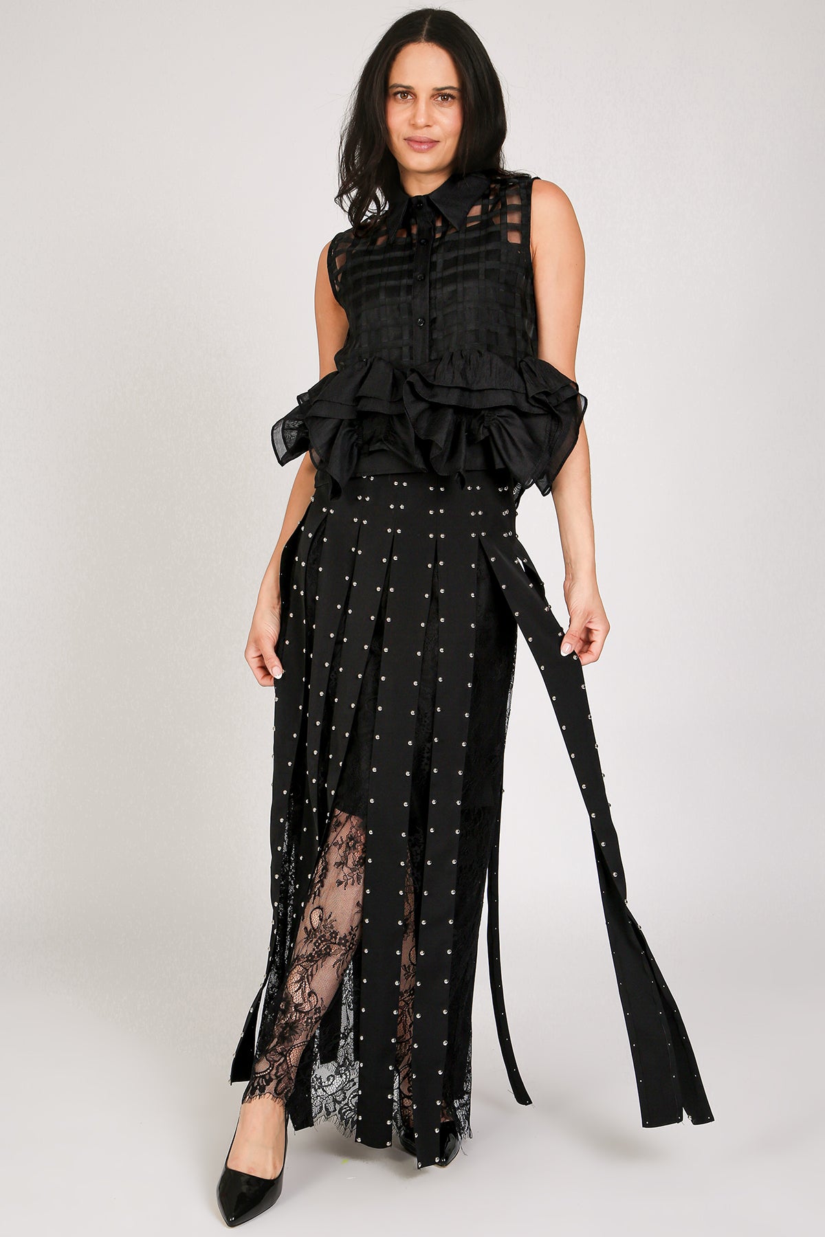 Monica Floral Embroidered Mesh Studded Tassel Maxi Skirt
