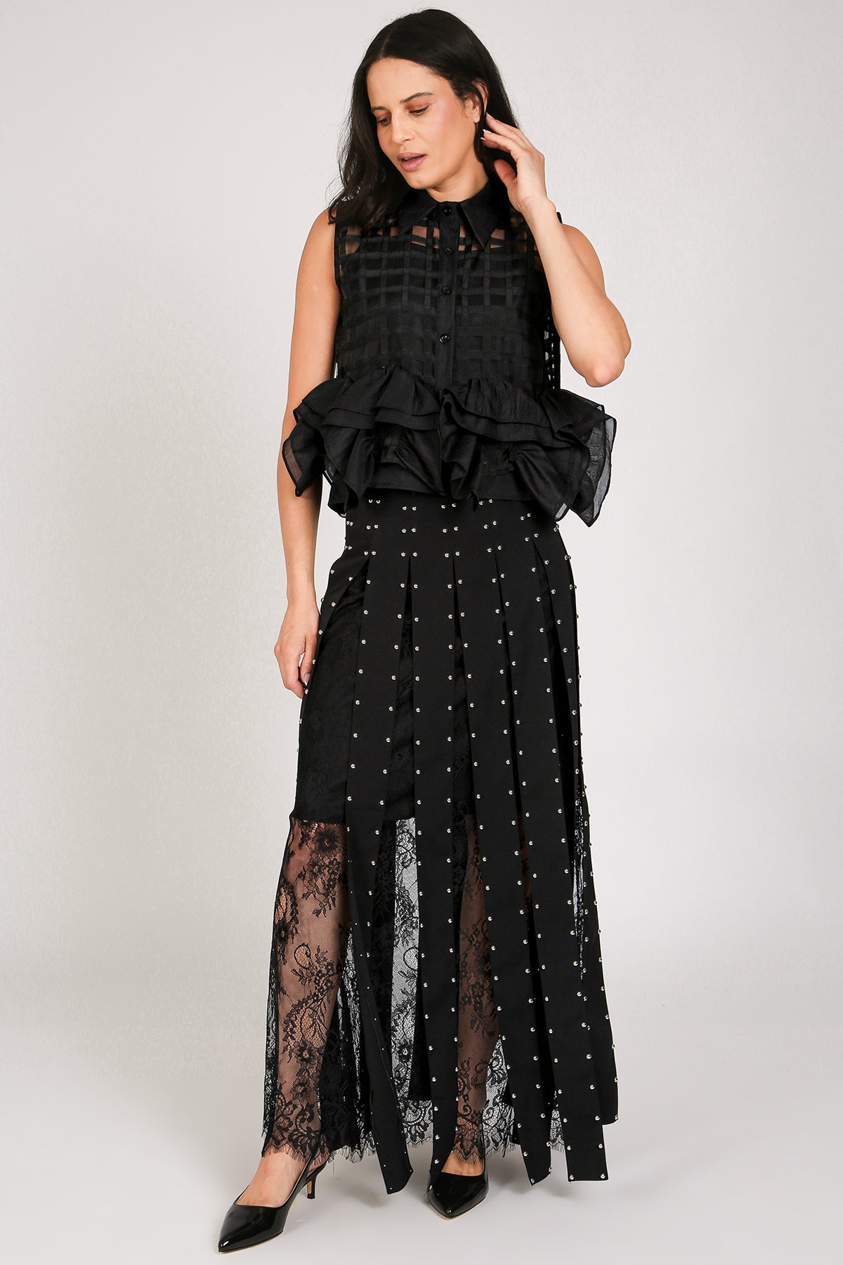 Monica Floral Embroidered Mesh Studded Tassel Maxi Skirt