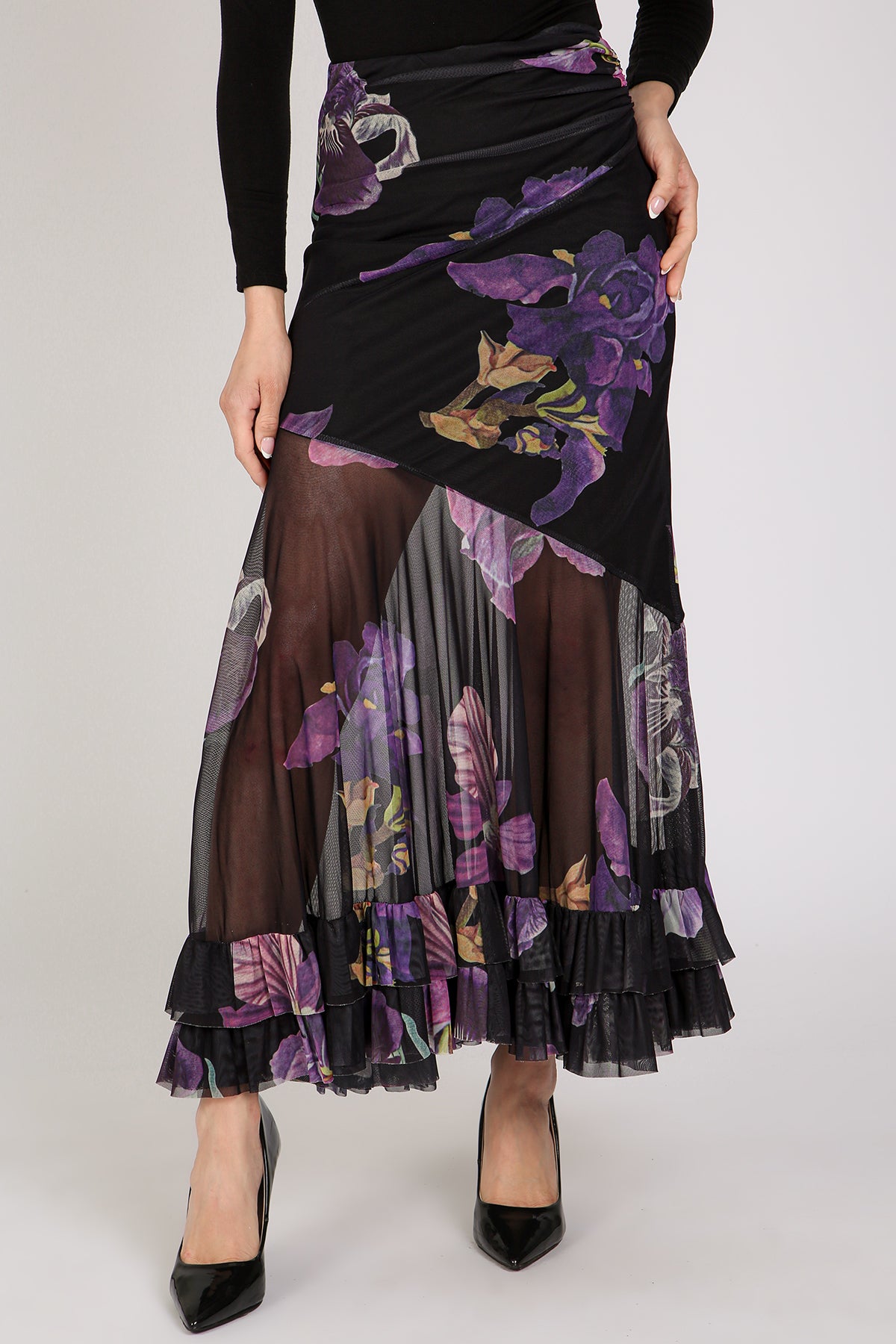 Mason Floral Print High-Waist Ruffled Sheer Maxi Skirt