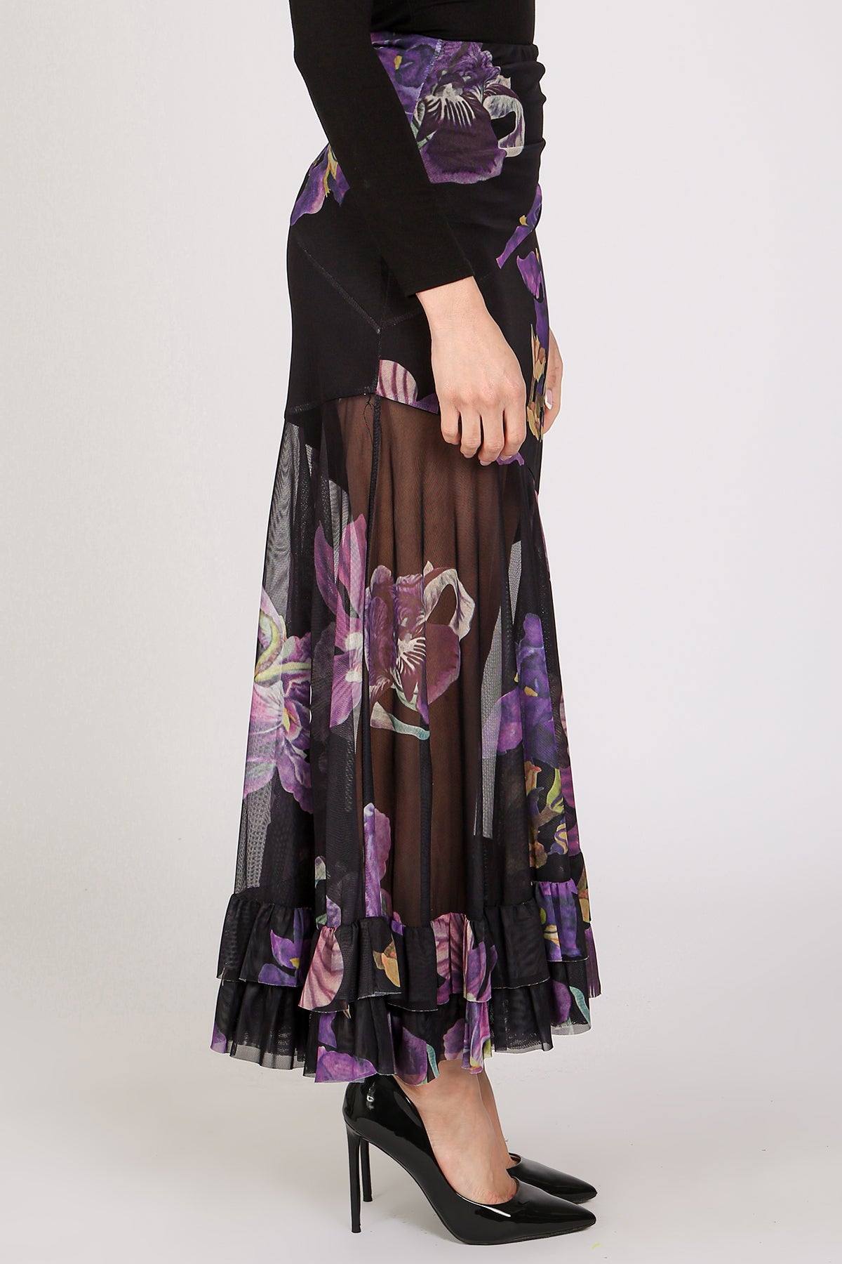 Mason Floral Print High-Waist Ruffled Sheer Maxi Skirt