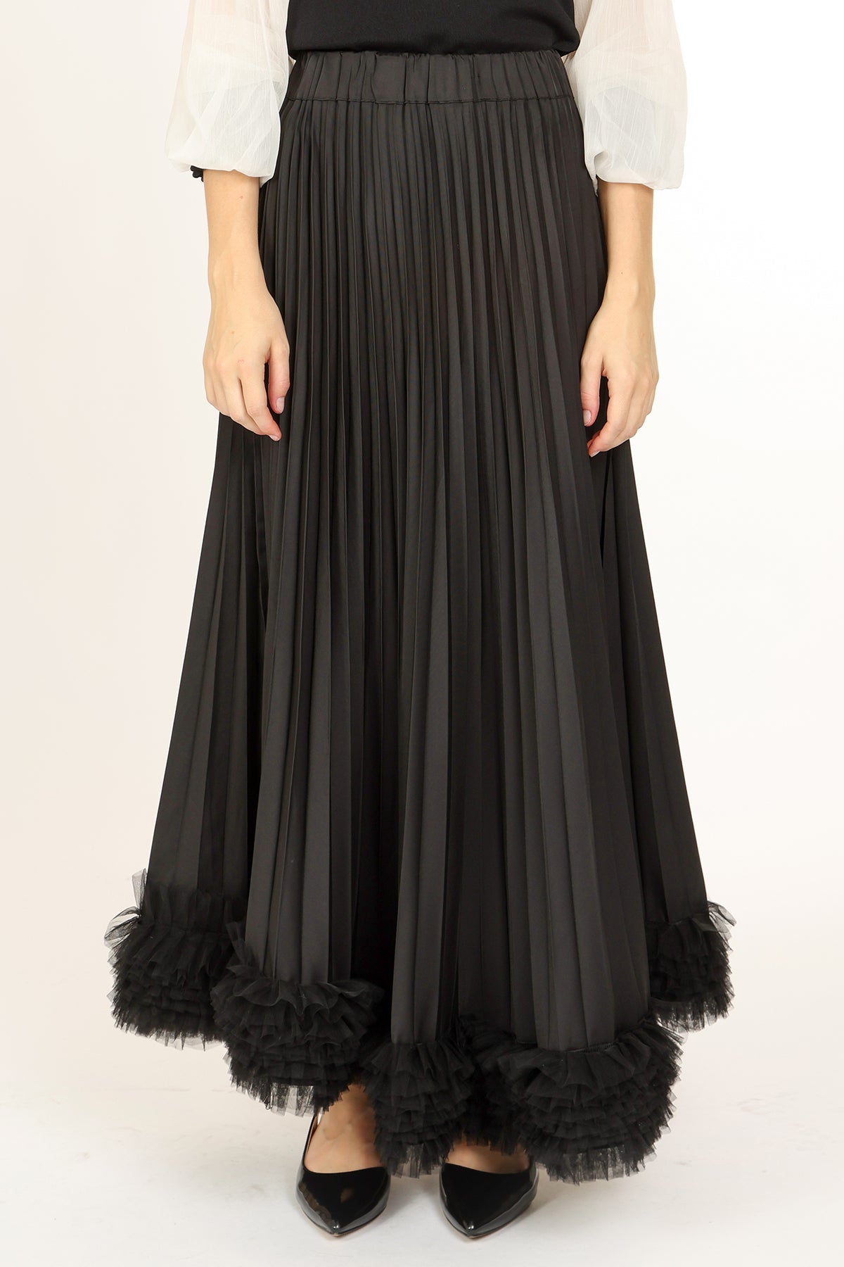Katie High-Waist Pleated with Tulle Trim Maxi Skirt - Shop Beulah Style