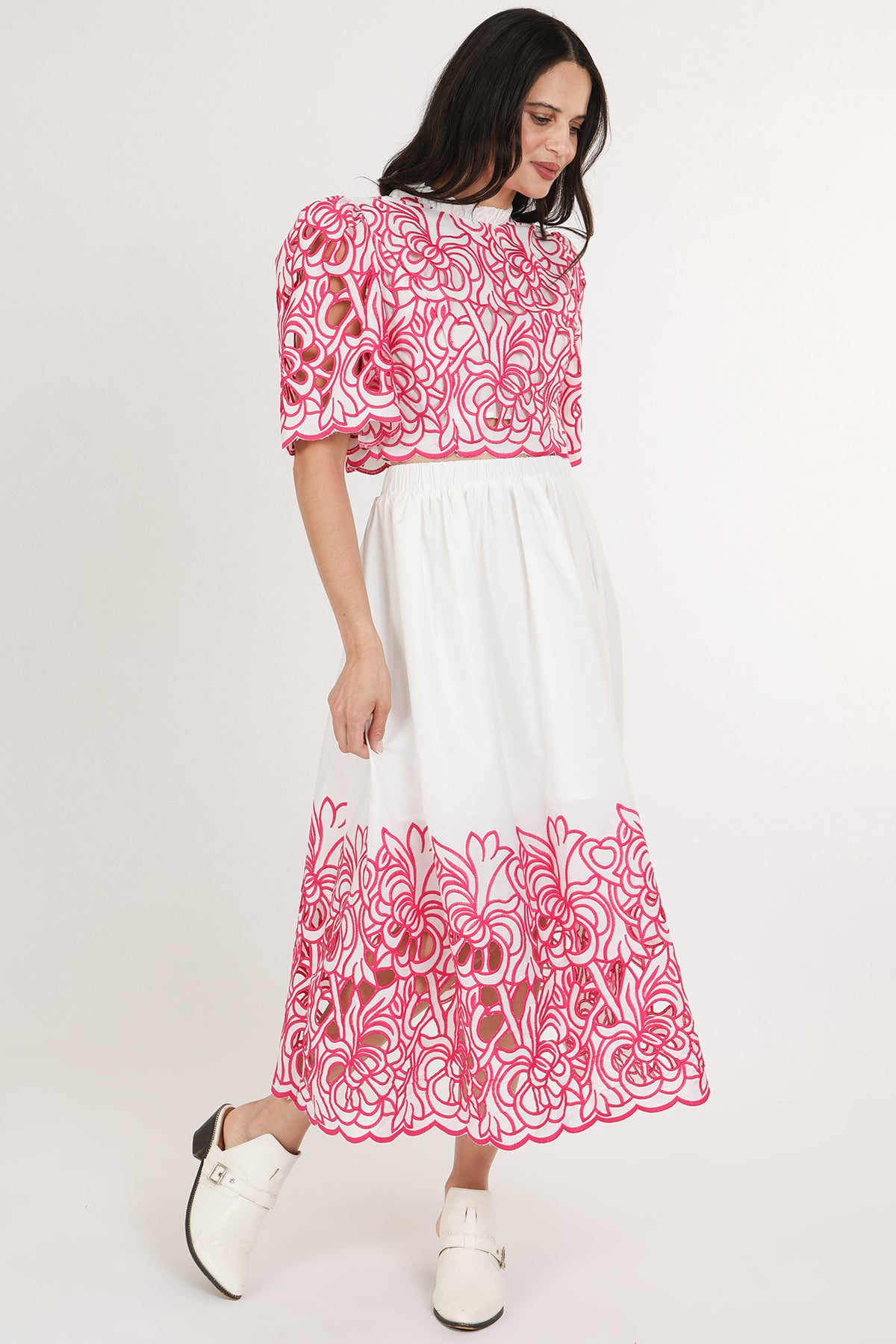 Evelyn Contrast Floral Eyelet Crop Top & Maxi Skirt Set - Shop Beulah Style
