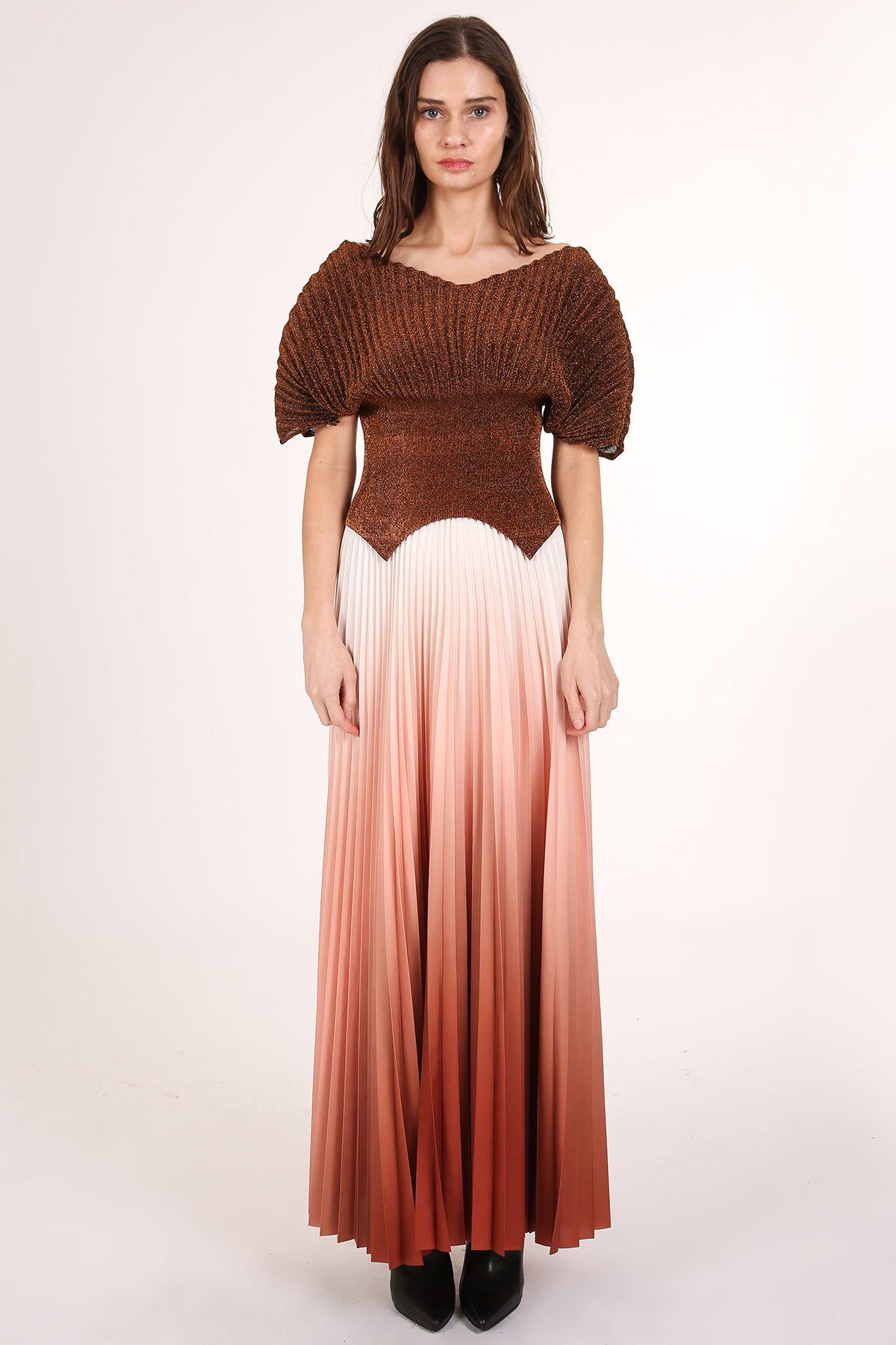 Reuben Metallic Glitter Pleats Top & Solid Maxi Skirt Set - Shop Beulah Style