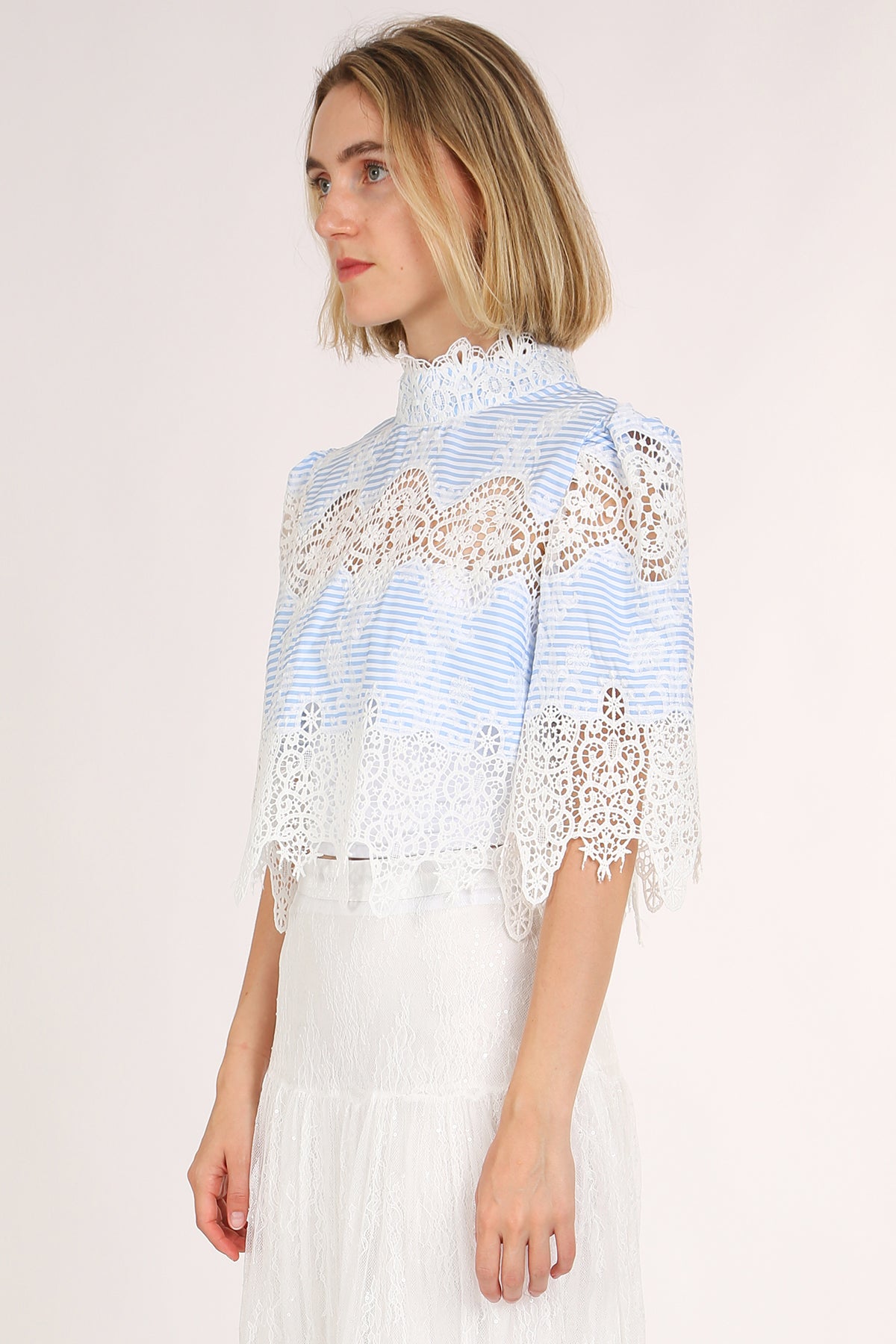 Beatrice Intricate Lace Mesh Detail Striped Crop Blouse - Shop Beulah Style