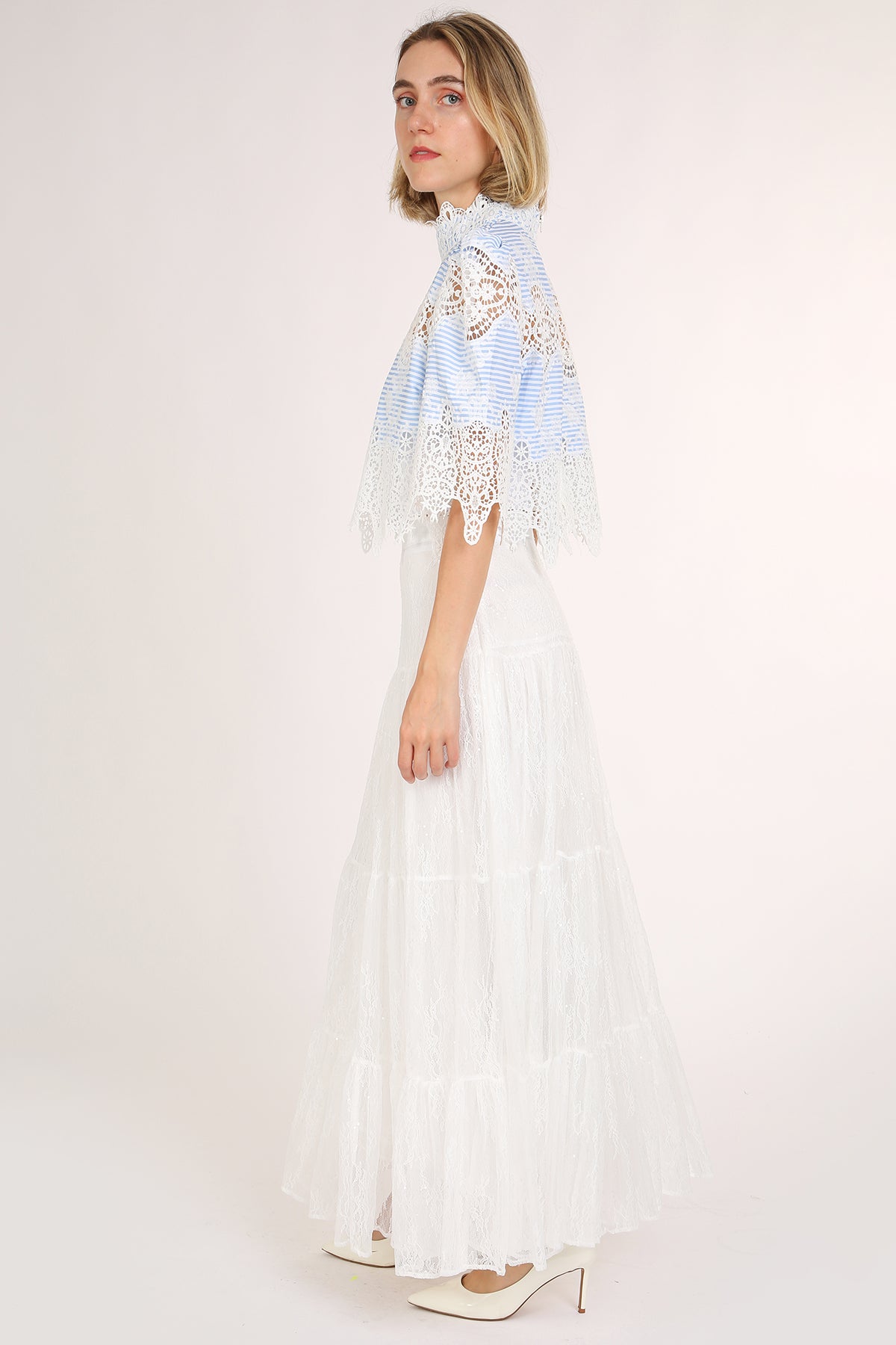 Beatrice Intricate Lace Mesh Detail Striped Crop Blouse - Shop Beulah Style
