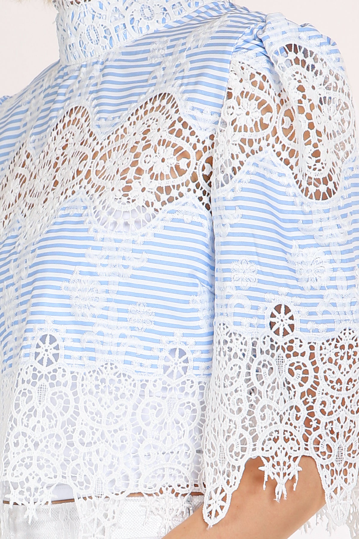 Beatrice Intricate Lace Mesh Detail Striped Crop Blouse - Shop Beulah Style