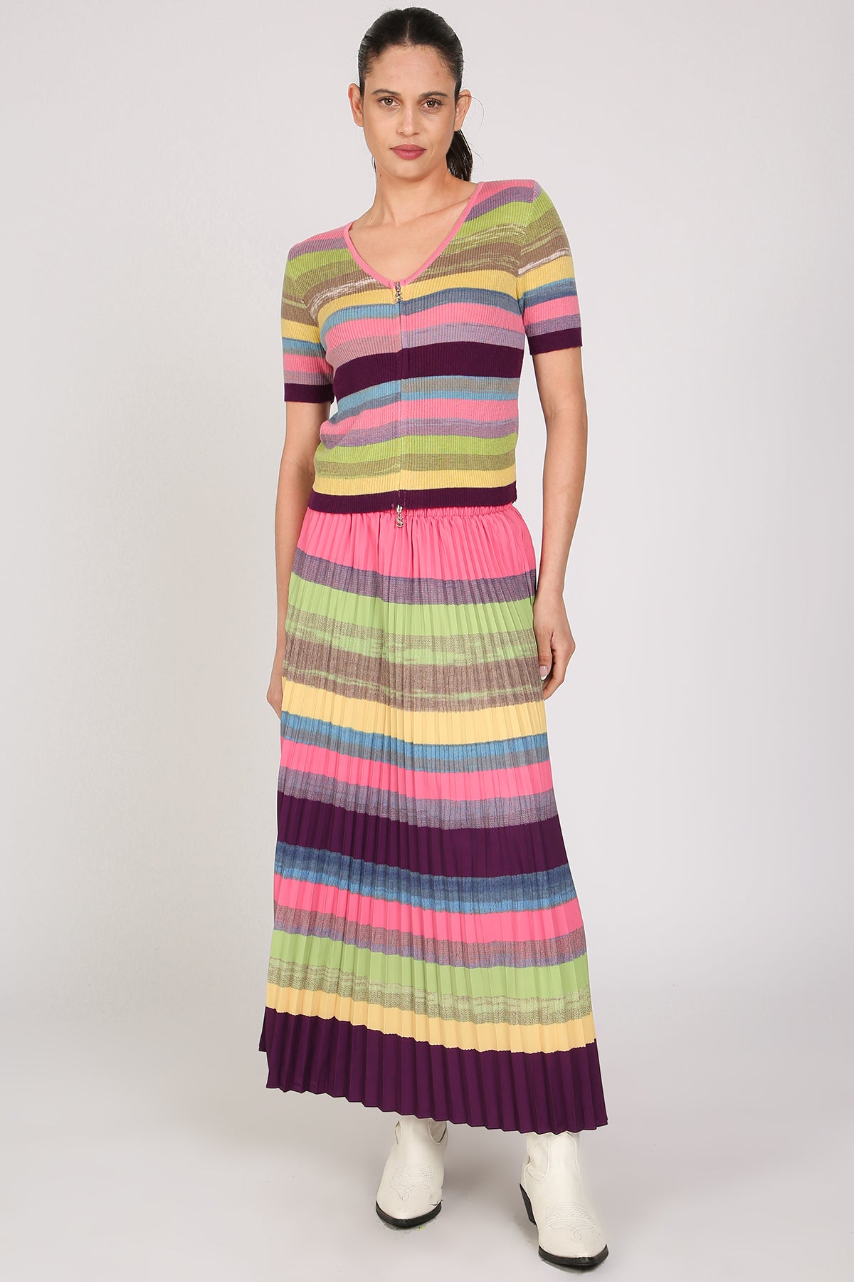 Shannon Multicolor Stripe Patterned Knit Top & Skirt Set