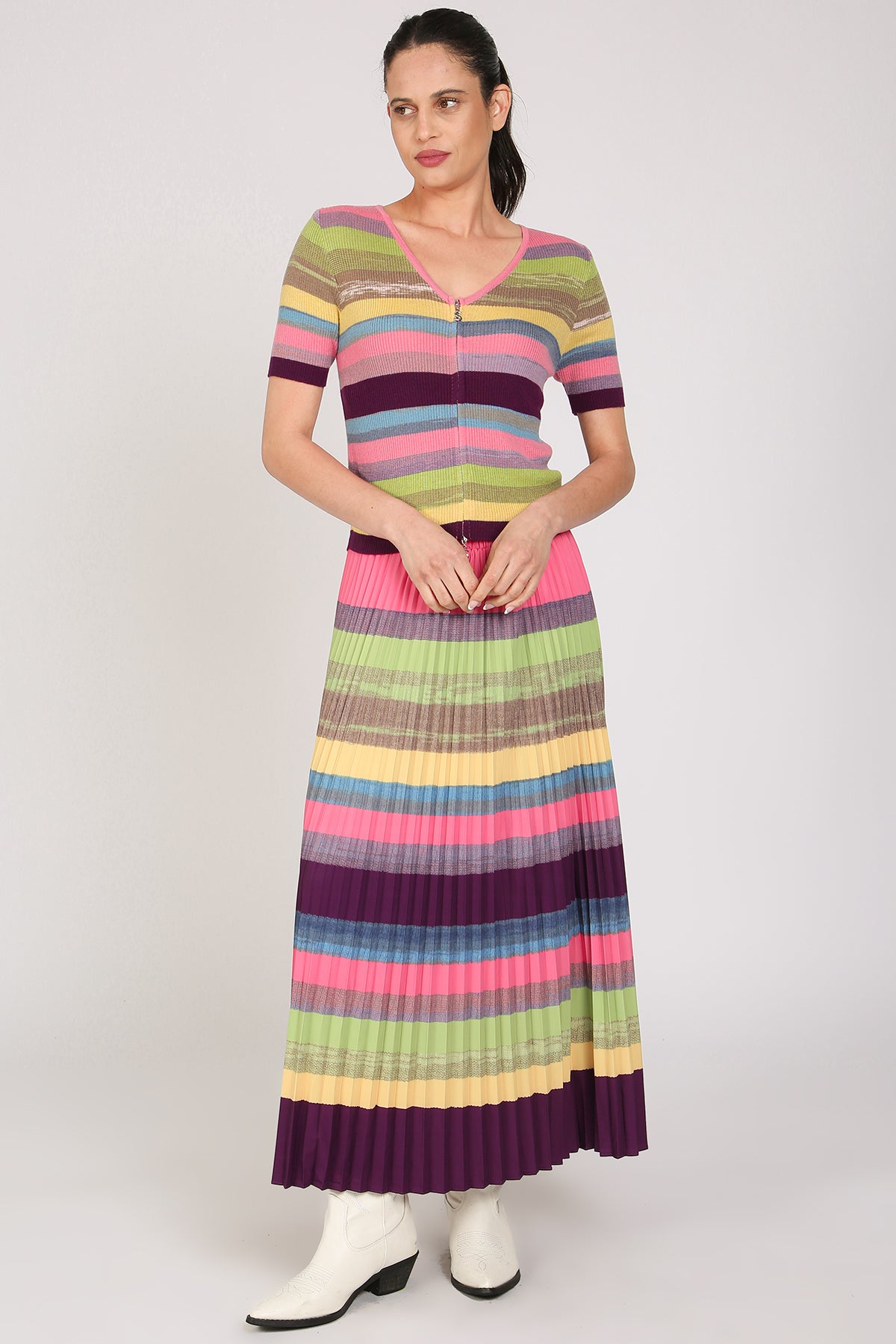 Shannon Multicolor Stripe Patterned Knit Top & Skirt Set
