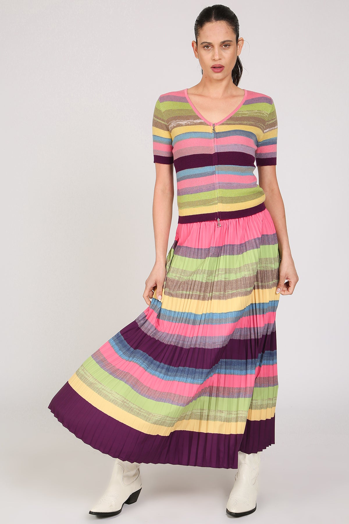 Shannon Multicolor Stripe Patterned Knit Top & Skirt Set